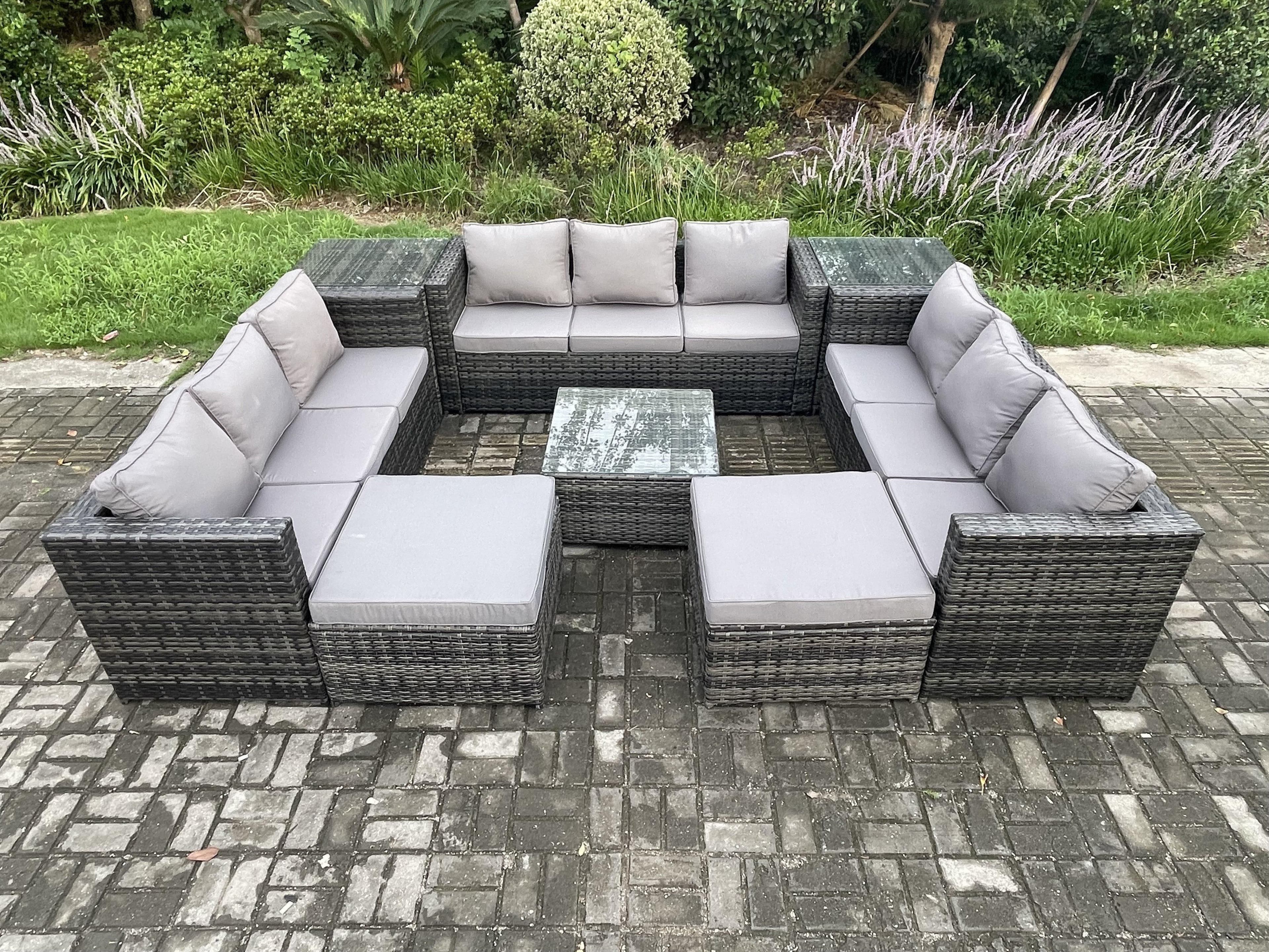 Outdoor Rattan Garden Furniture Set Patio Lounge Sofa Set 2 Side Tables Square Coffee Table 2 Big Footstool