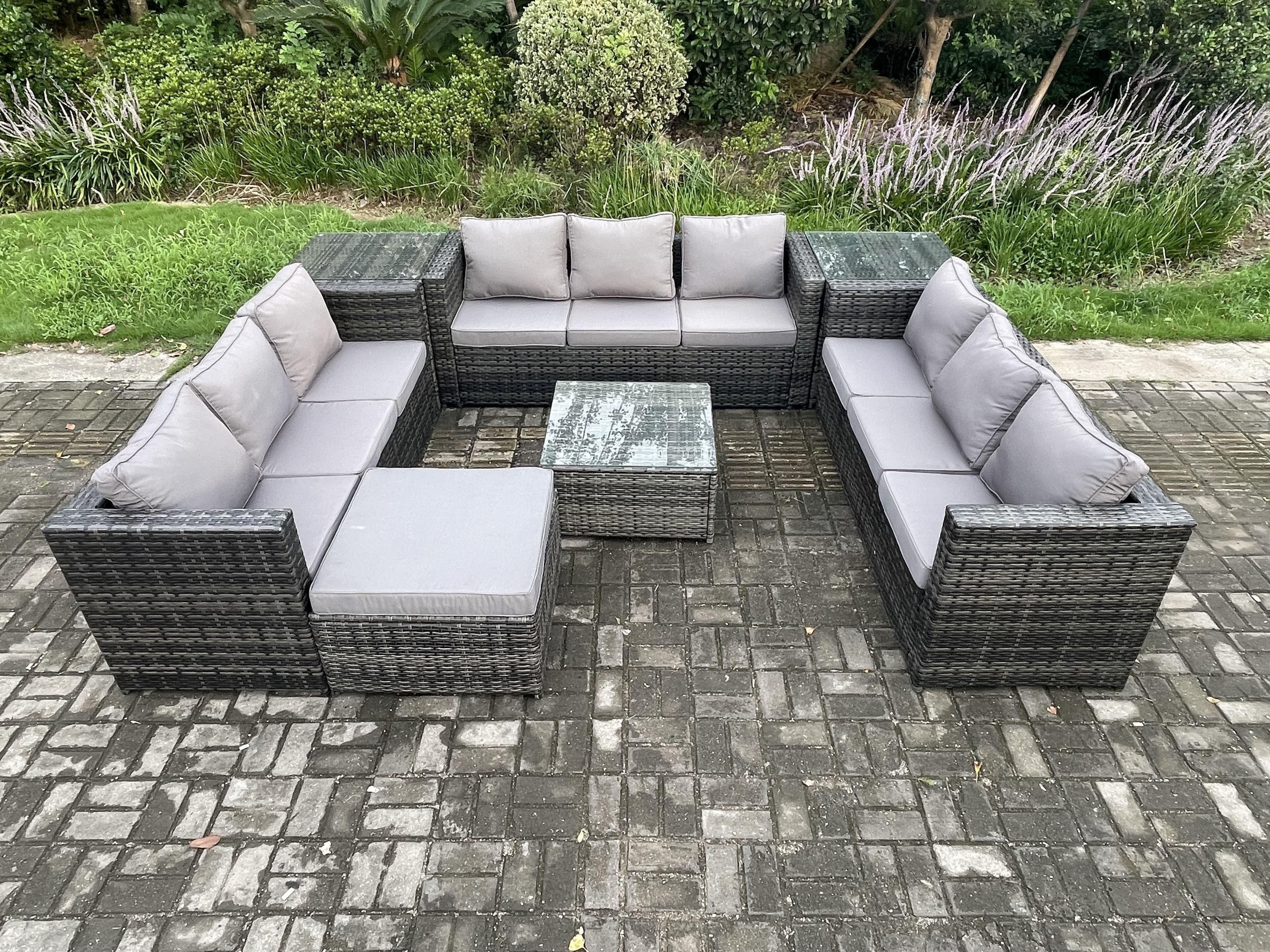 Outdoor Rattan Garden Furniture Set 10 Seater Patio Lounge Sofa Set 2 Side Tables Square Coffee Table Big Footstool