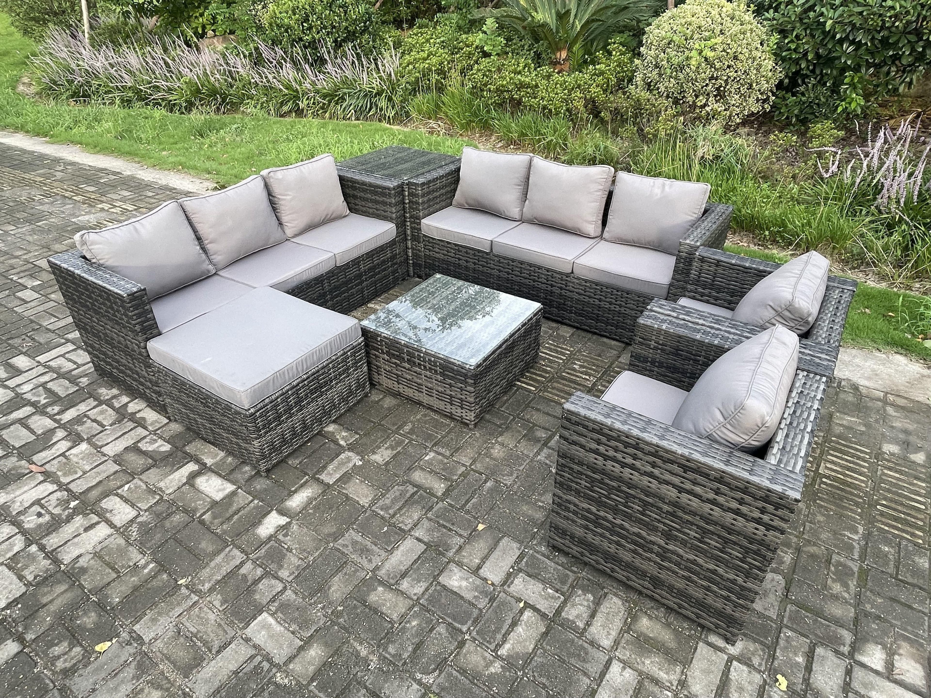 Outdoor Rattan Garden Furniture Set 9 Seater Patio Lounge Sofa Set 2 Armchairs Side Table Square Coffee Table Big Footstool Dark