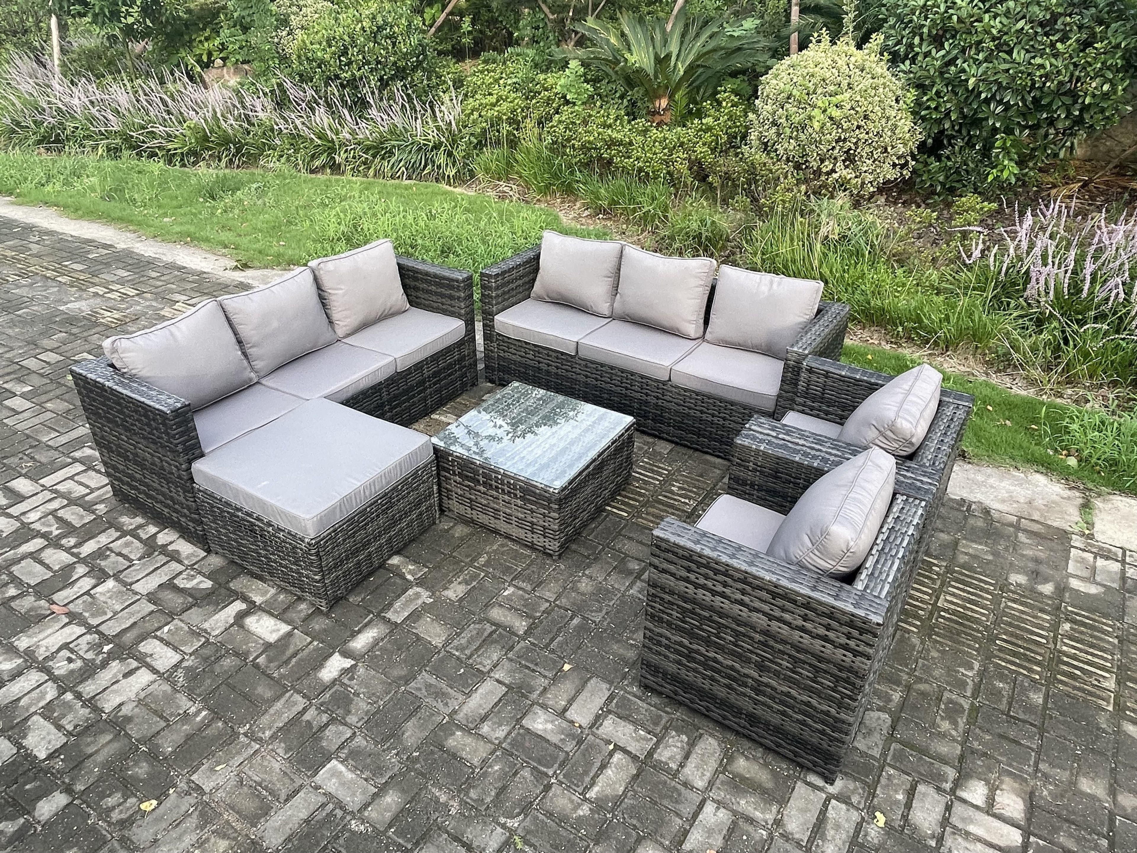 Outdoor Rattan Garden Furniture Set 9 Seater Patio Lounge Sofa Set Armchair Square Coffee Table Big Footstool Dark Grey Mixed