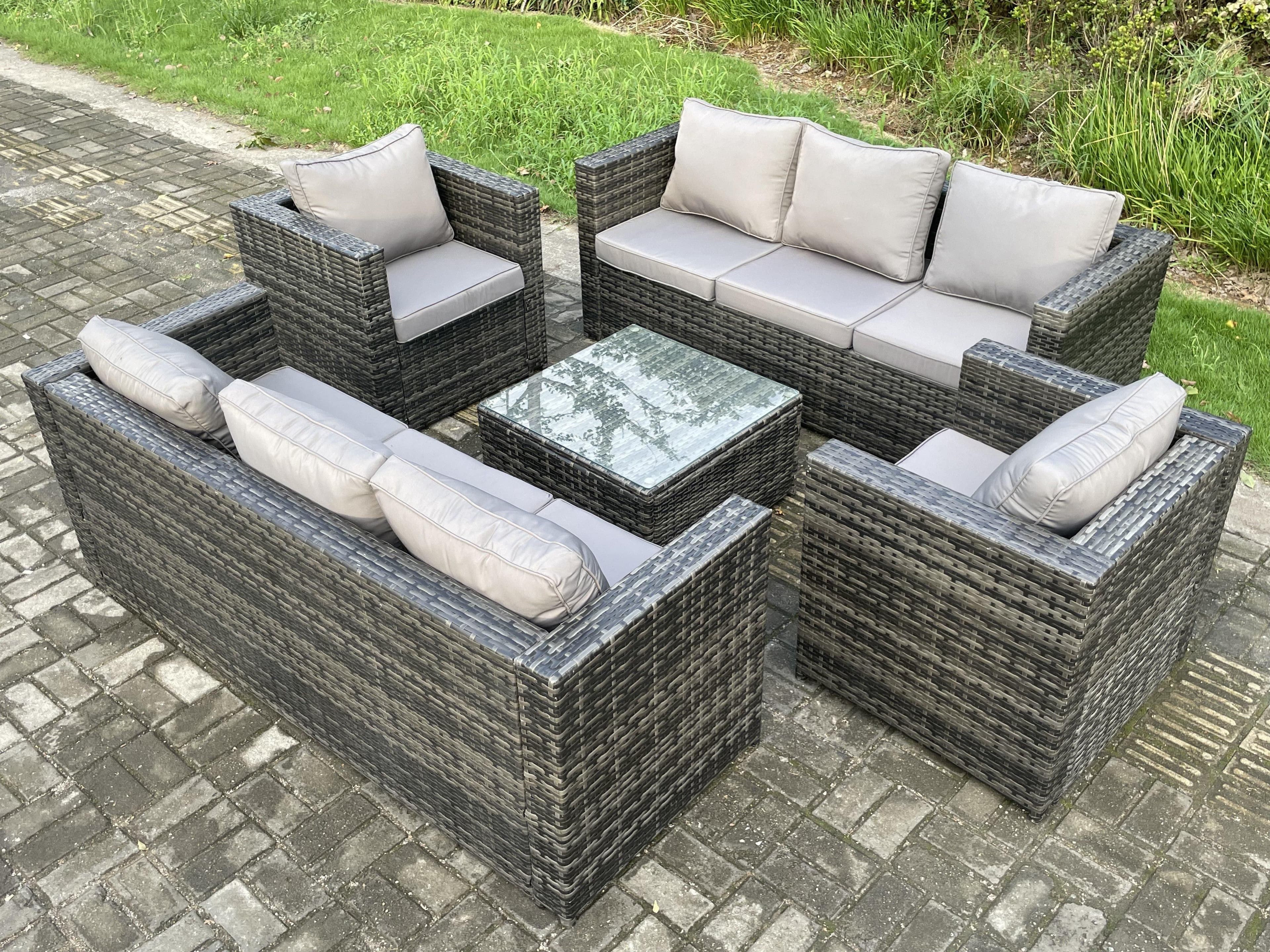 Rattan Garden Furniture Set 8 Seater Patio Outdoor Lounge Sofa Set 2 Armchairs Square Coffee Table Dark Grey Mixed