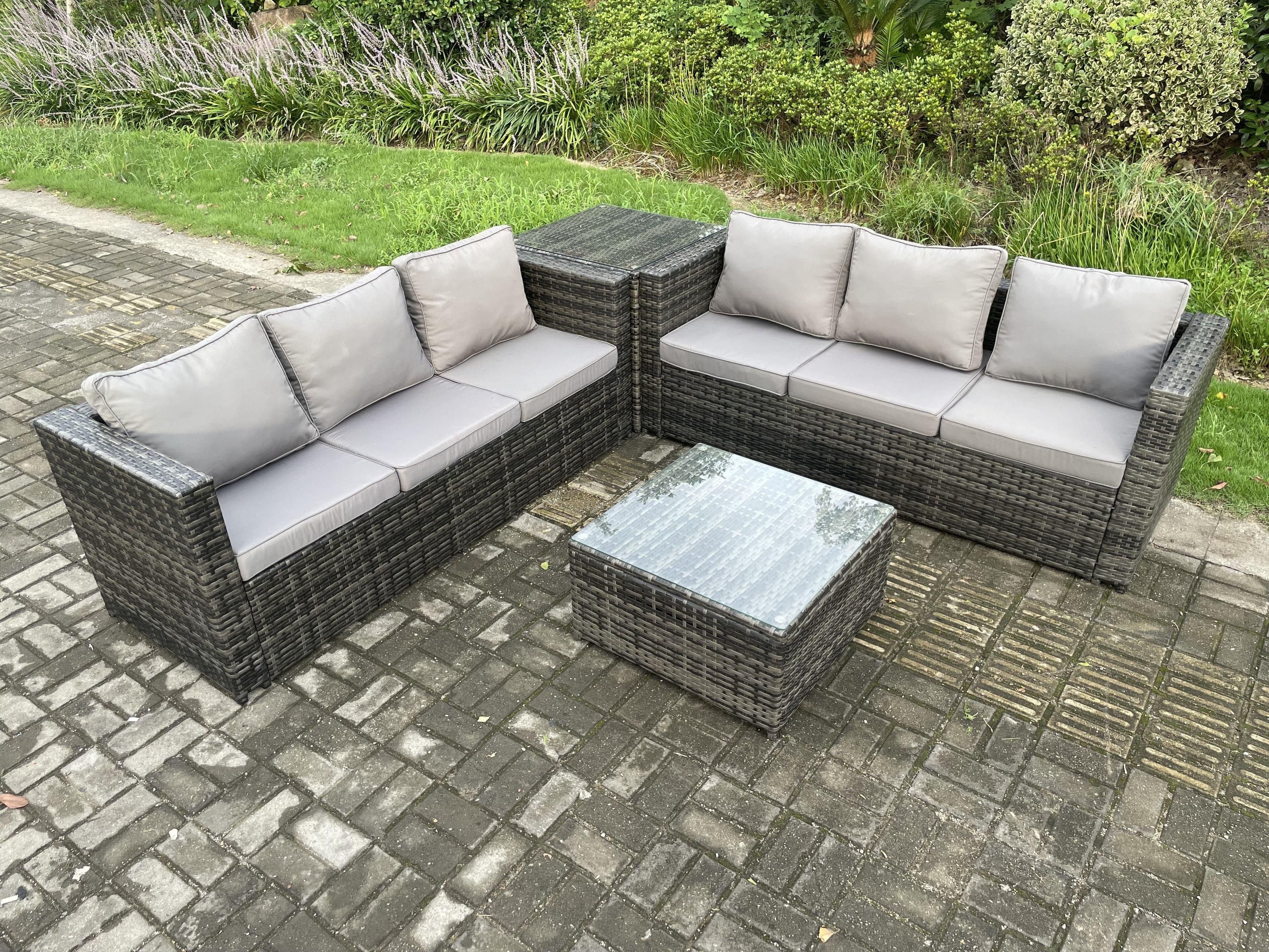 Rattan Garden Furniture Set 6 Seater Patio Outdoor Lounge Sofa Set Side Table Square Coffee Table Dark Grey Mixed