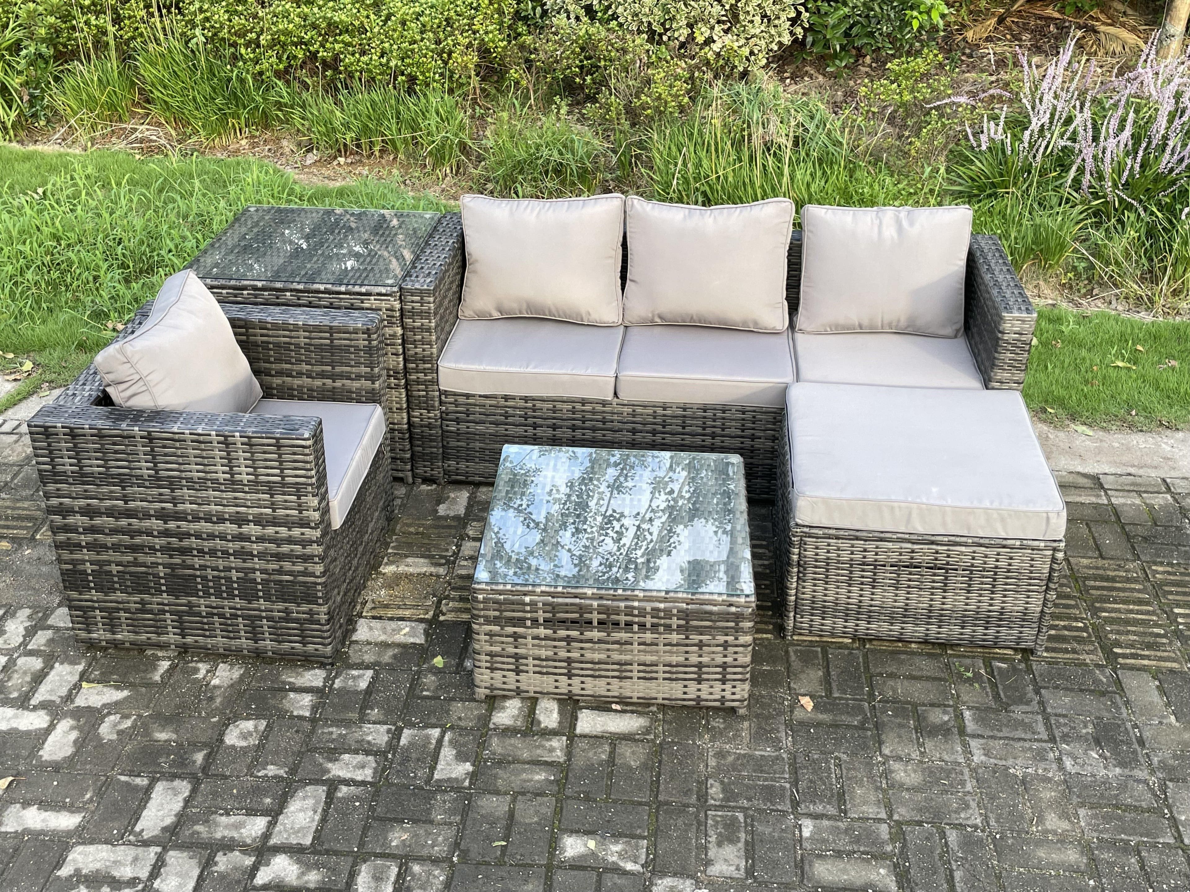 Rattan Garden Furniture Set 5 Seater Patio Outdoor Lounge Sofa Set Side Table Square Coffee Table Big Footstool Dark Grey Mixed