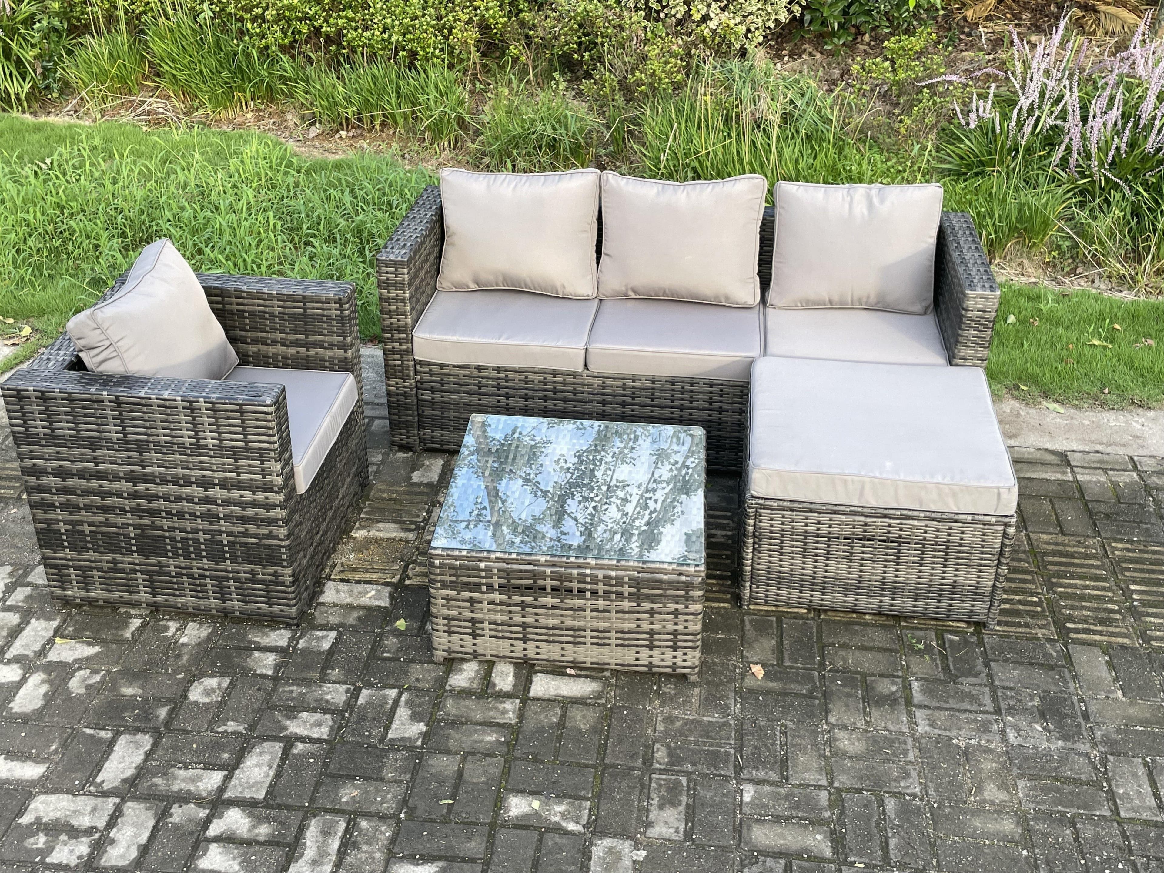 Rattan Garden Furniture Set Patio Outdoor Lounge Sofa Set Armchair Square Coffee Table Big Footstool Dark Grey Mixed