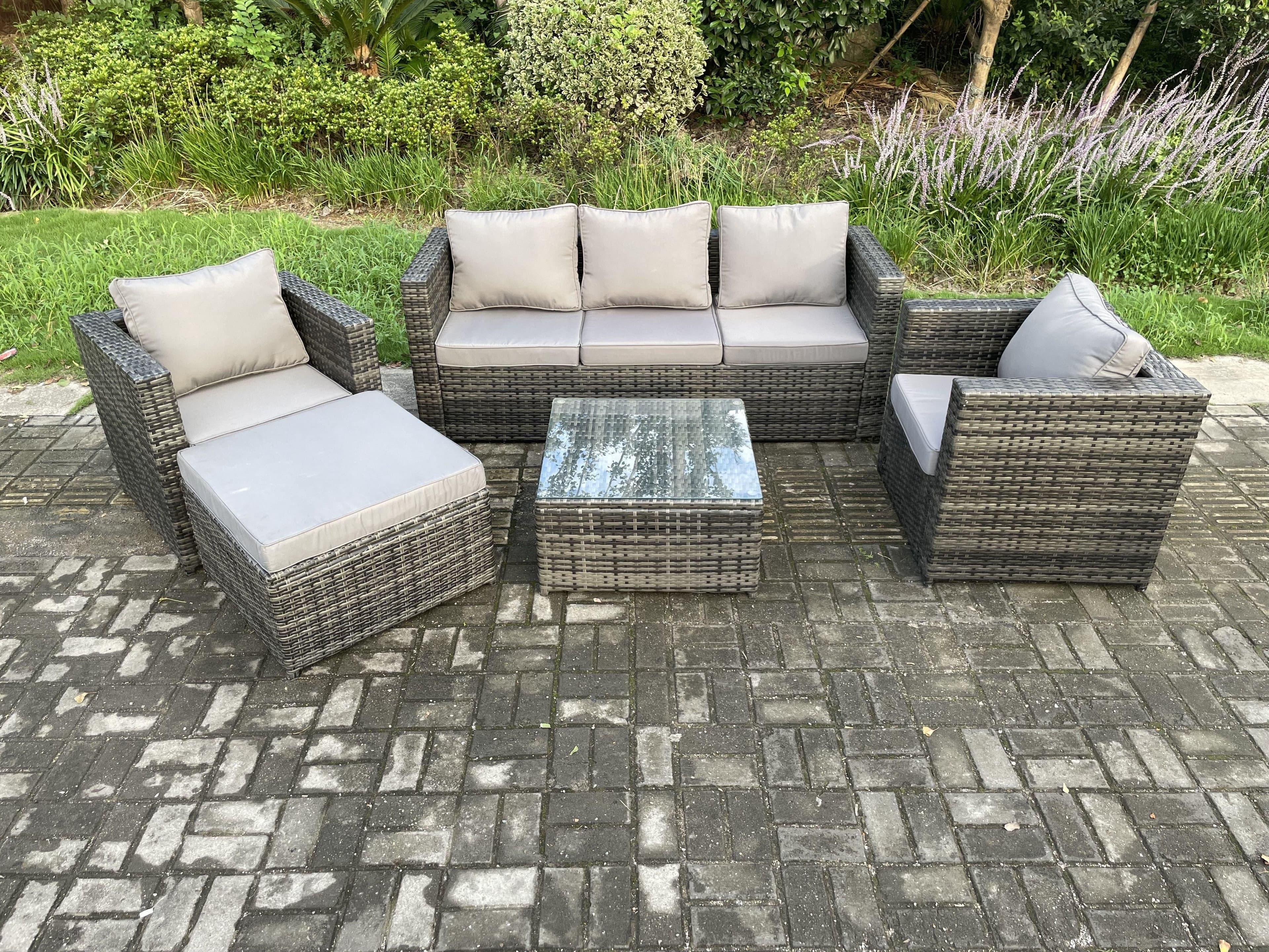Rattan Garden Furniture Set Patio Outdoor Lounge Sofa Set 2 Armchairs Square Coffee Table Big Footstool Dark Grey Mixed
