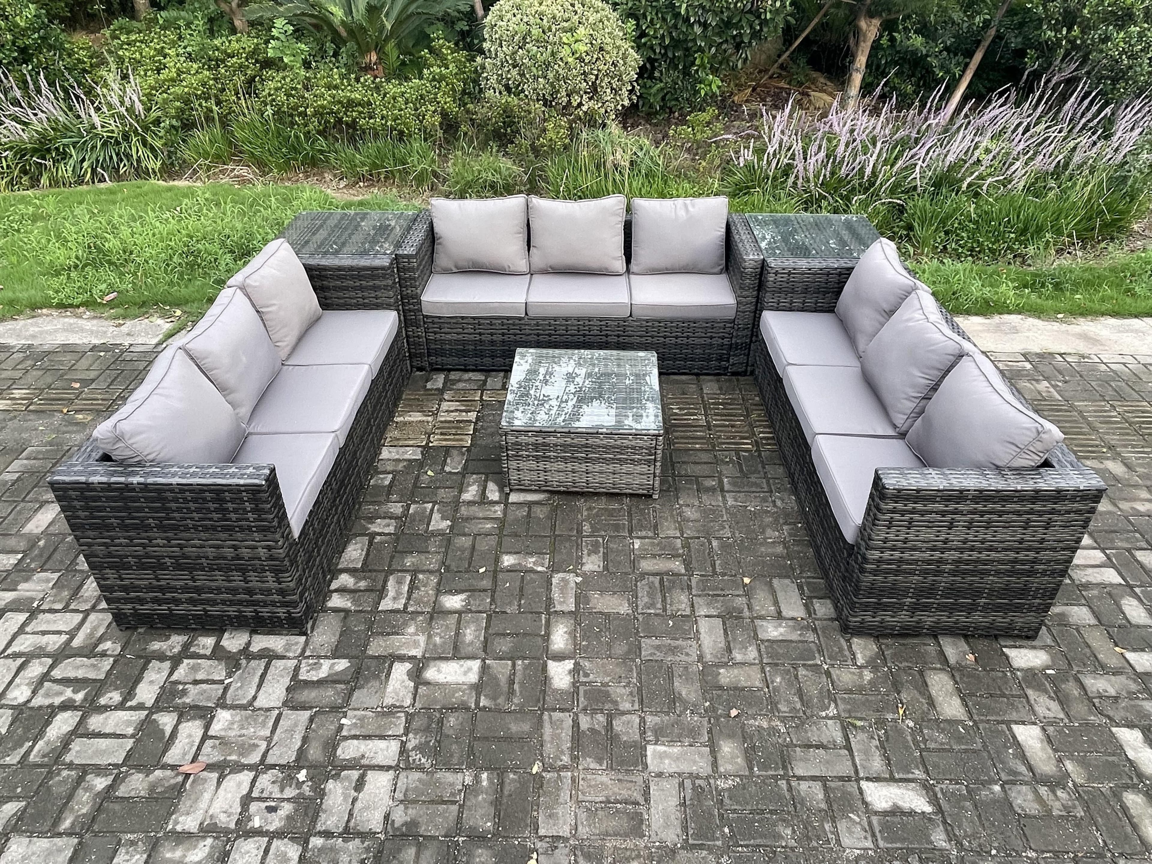 9 Seater Rattan Garden Furniture Set Patio Outdoor Lounge Sofa Set 2 Side Tables Square Coffee Table Dark Grey Mixed