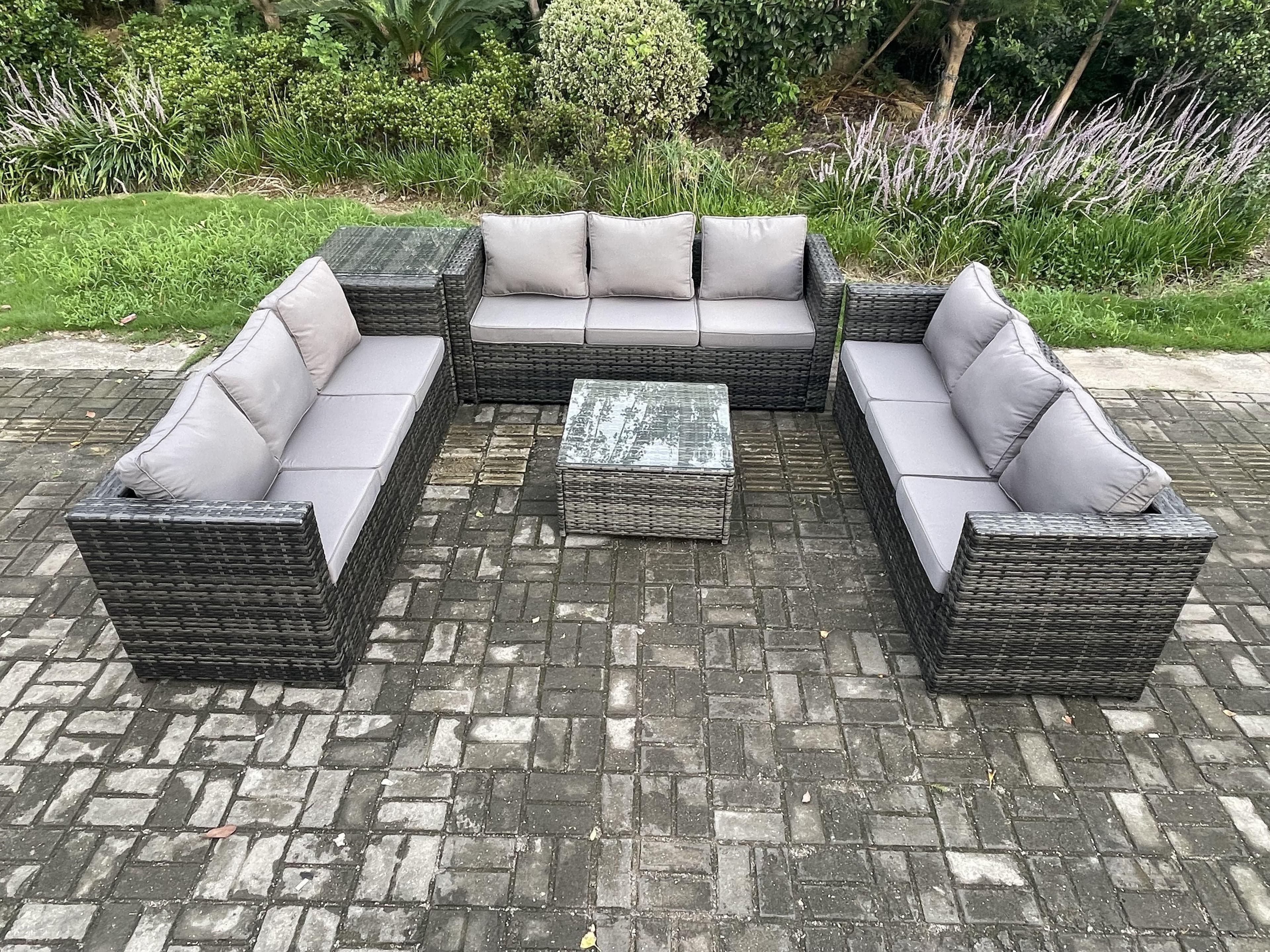 Rattan Garden Furniture Set 9 Seater Patio Outdoor Lounge Sofa Set Side Table Square Coffee Table Dark Grey Mixed