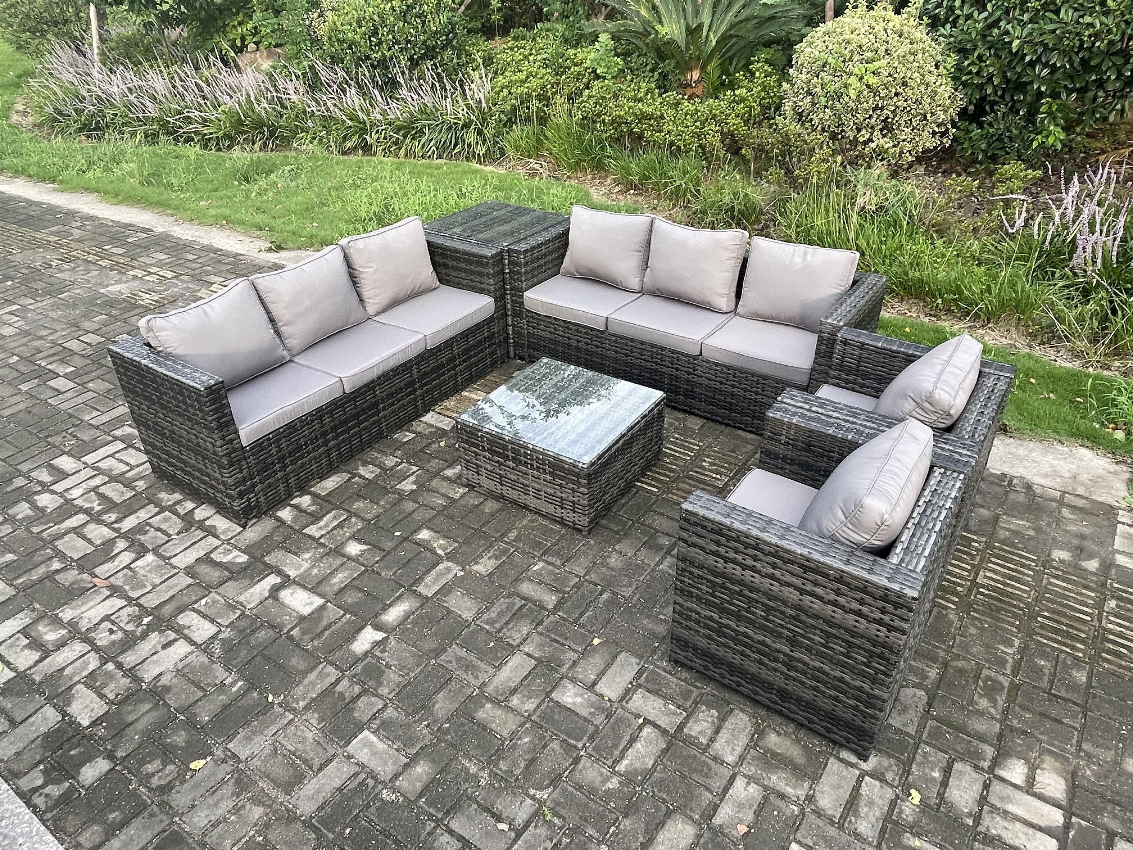 8 Seater Rattan Garden Furniture Set Patio Outdoor Lounge Sofa Set 2 Armchairs Side Table Square Coffee Table Dark Grey Mixed
