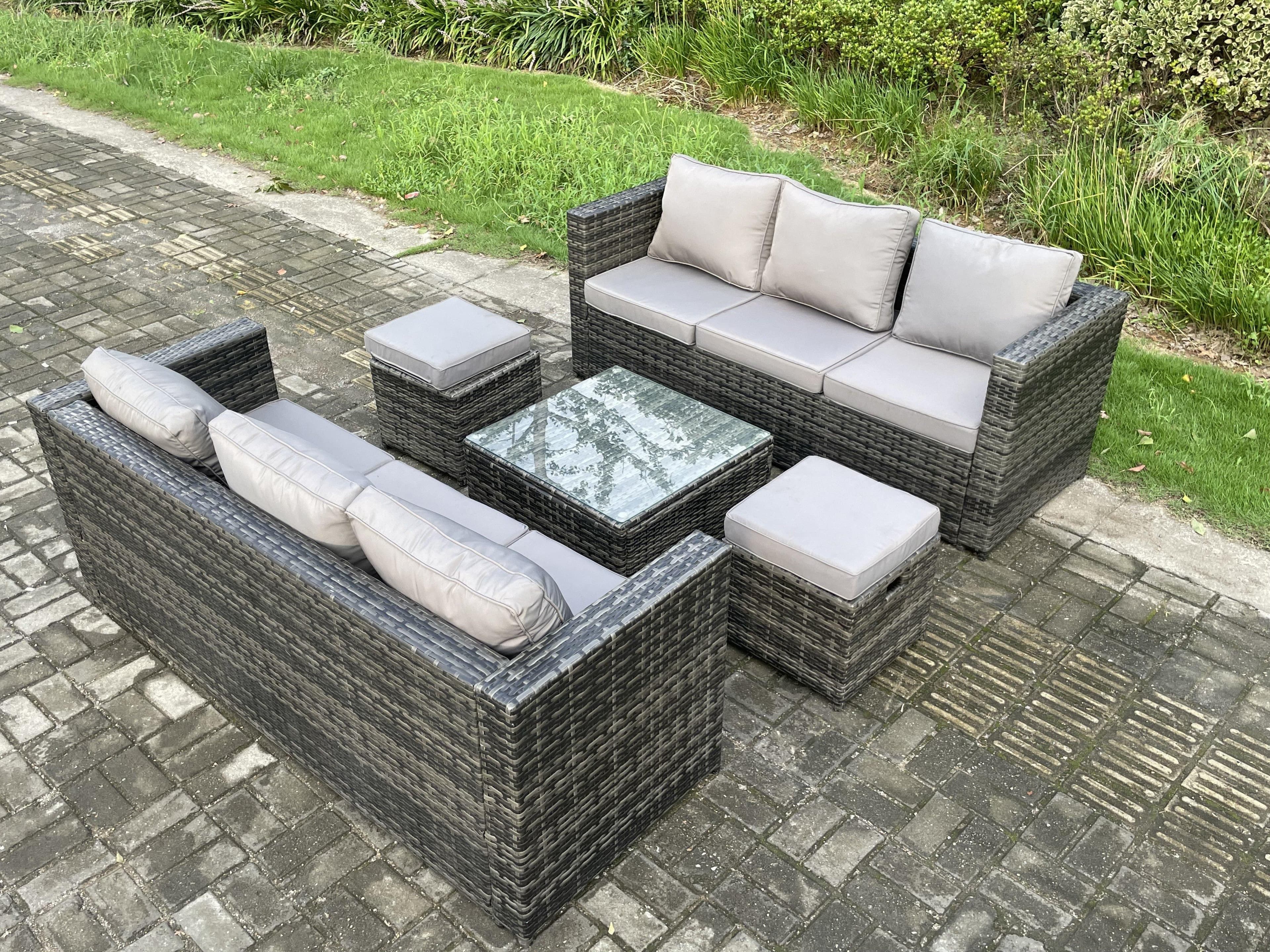Rattan Garden Furniture Set 8 Seater Patio Outdoor Lounge Sofa Set Square Coffee Table 2 Small Footstools Dark Grey Mixed