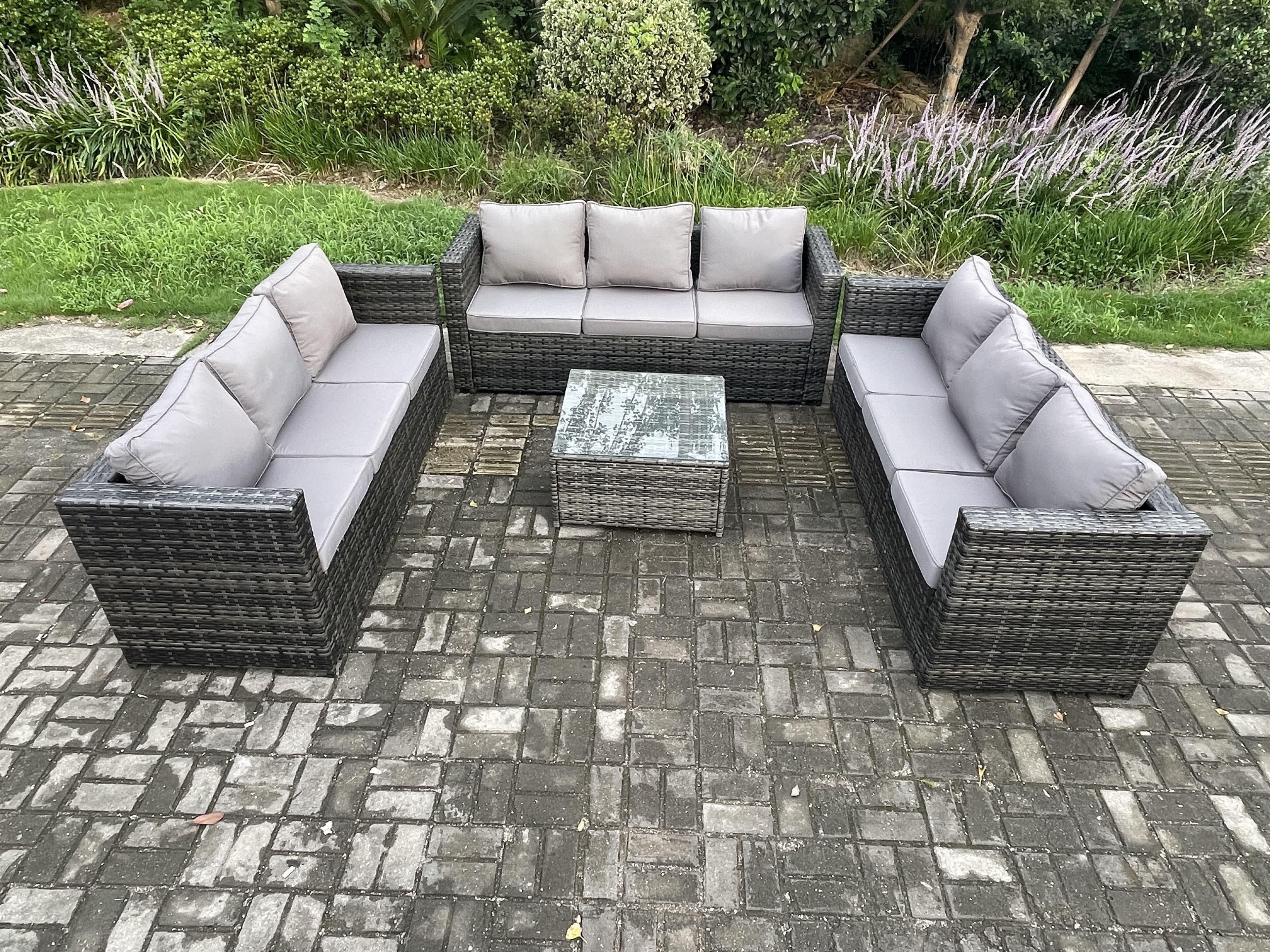 9 Seater Rattan Garden Furniture Set Patio Outdoor Lounge Sofa Set Square Coffee Table Dark Grey Mixed