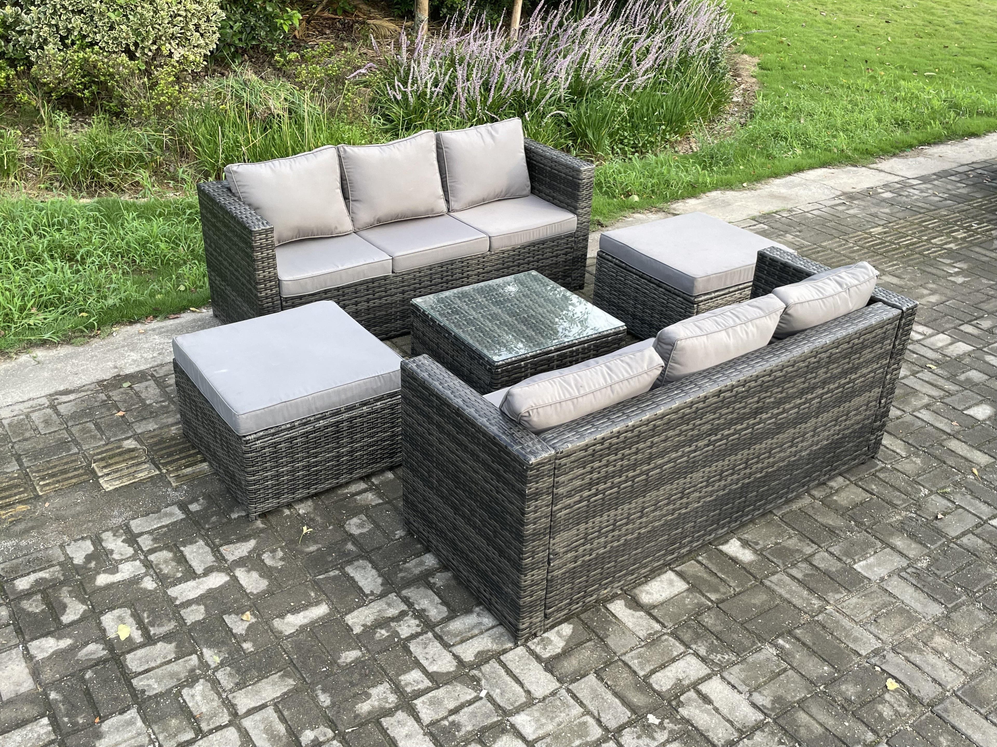 8 Seater Rattan Garden Furniture Set Patio Outdoor Lounge Sofa Set Square Coffee Table 2 Big Footstool Dark Grey Mixed