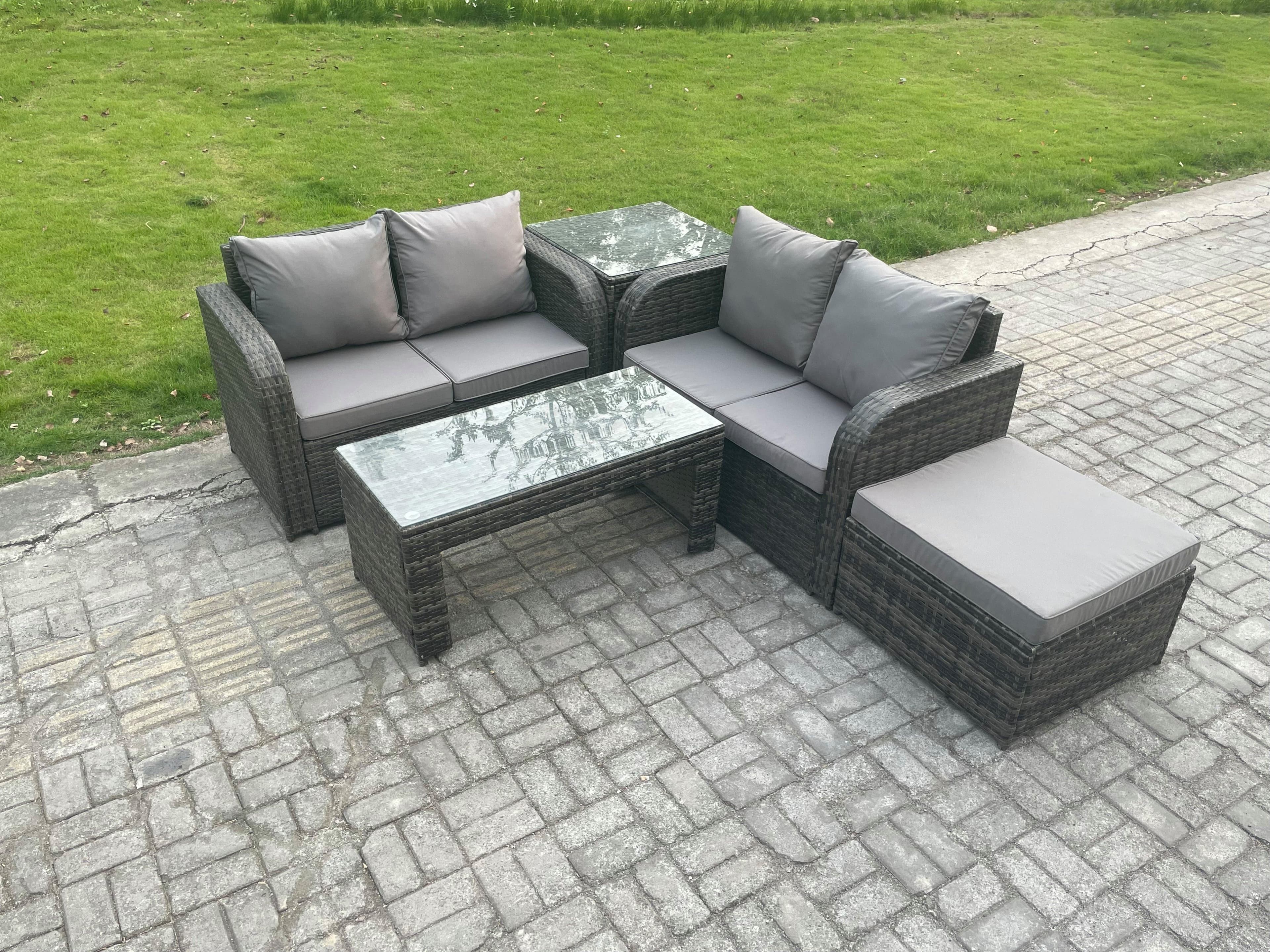 High Back Rattan Garden Furniture Set Loveseat Sofa Coffee Table Big Footstool Side Table Indoor Outdoor
