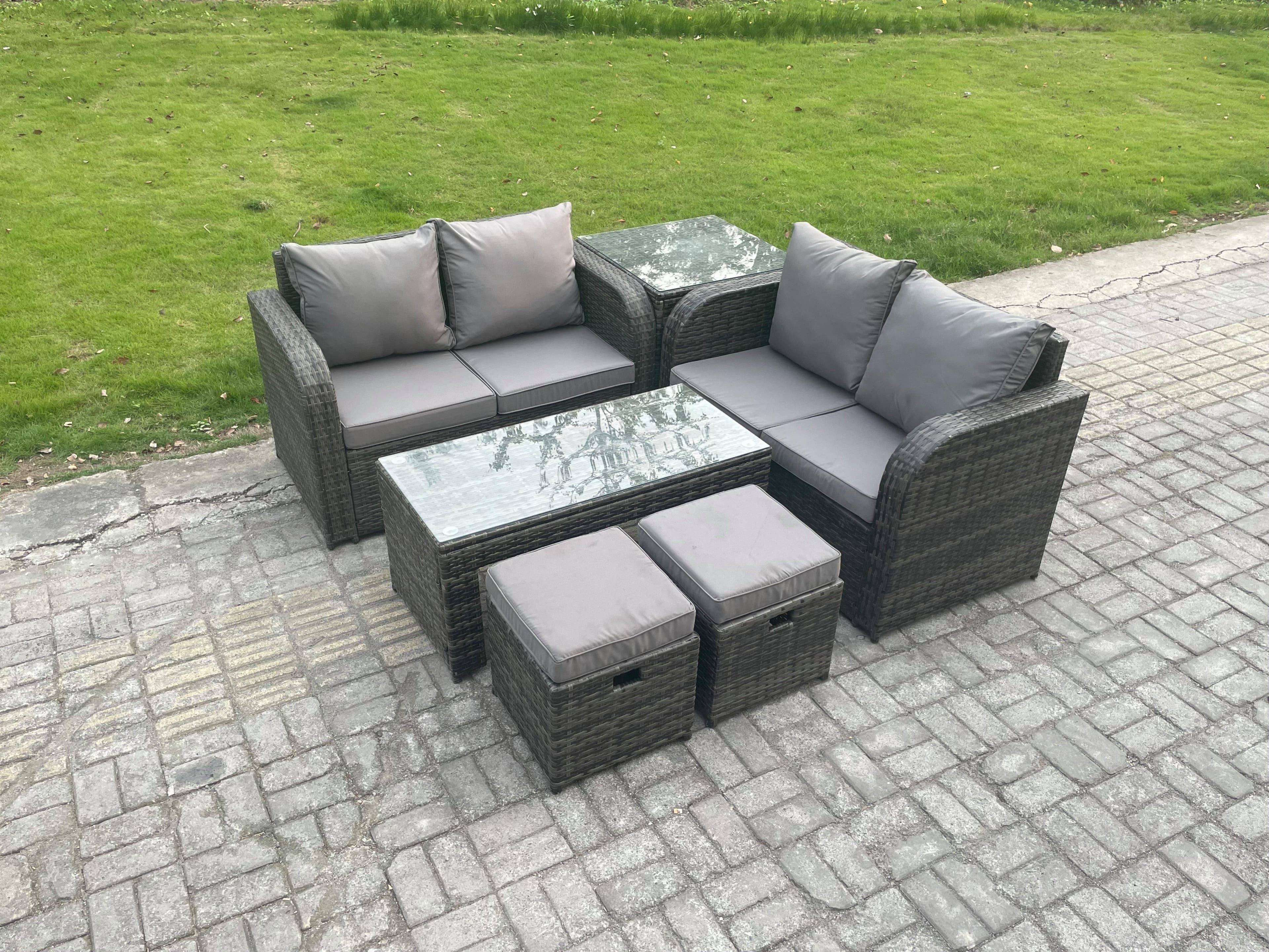 High Back Rattan Garden Furniture Set Loveseat Sofa Coffee Table 2 Small Footstool Outdoor Patio Sofa Set