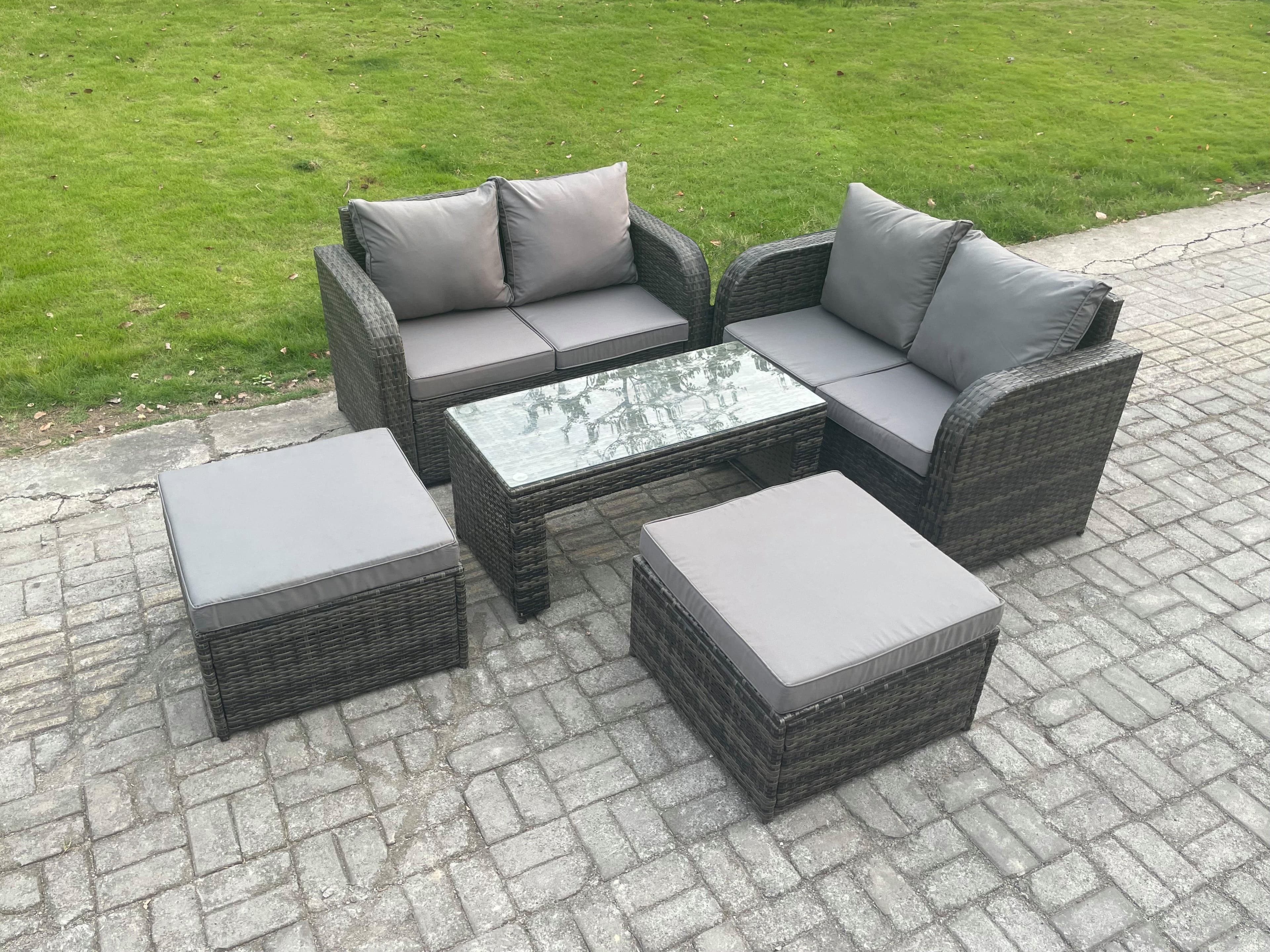 High Back Rattan Garden Furniture Set Loveseat Sofa Coffee Table Footstools Outdoor Patio Lounge Sofa Set