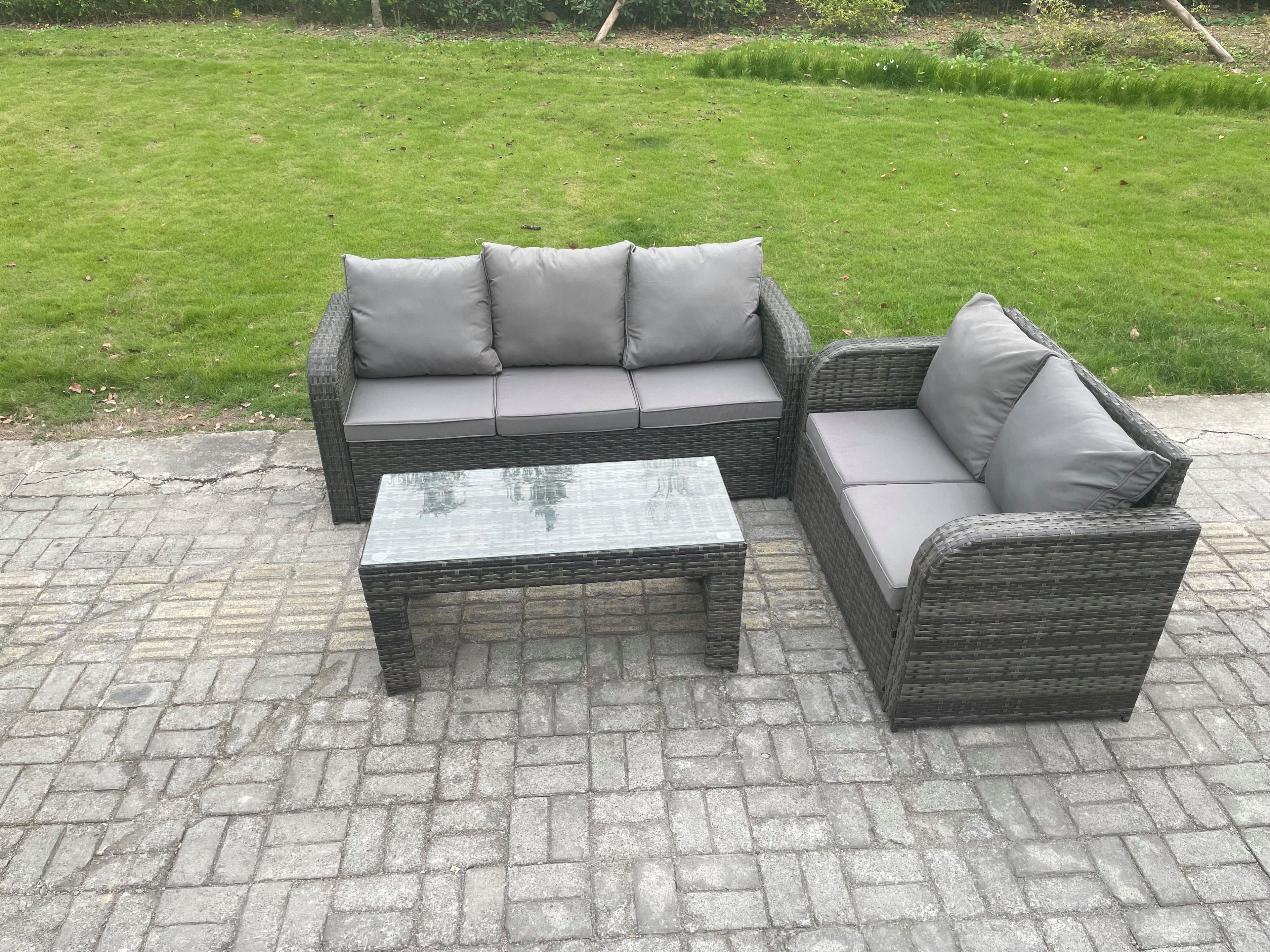 Outdoor Rattan Garden Furniture Set Patio Lounge Sofa Set Rectangular Coffee Table Dark Grey Mixed