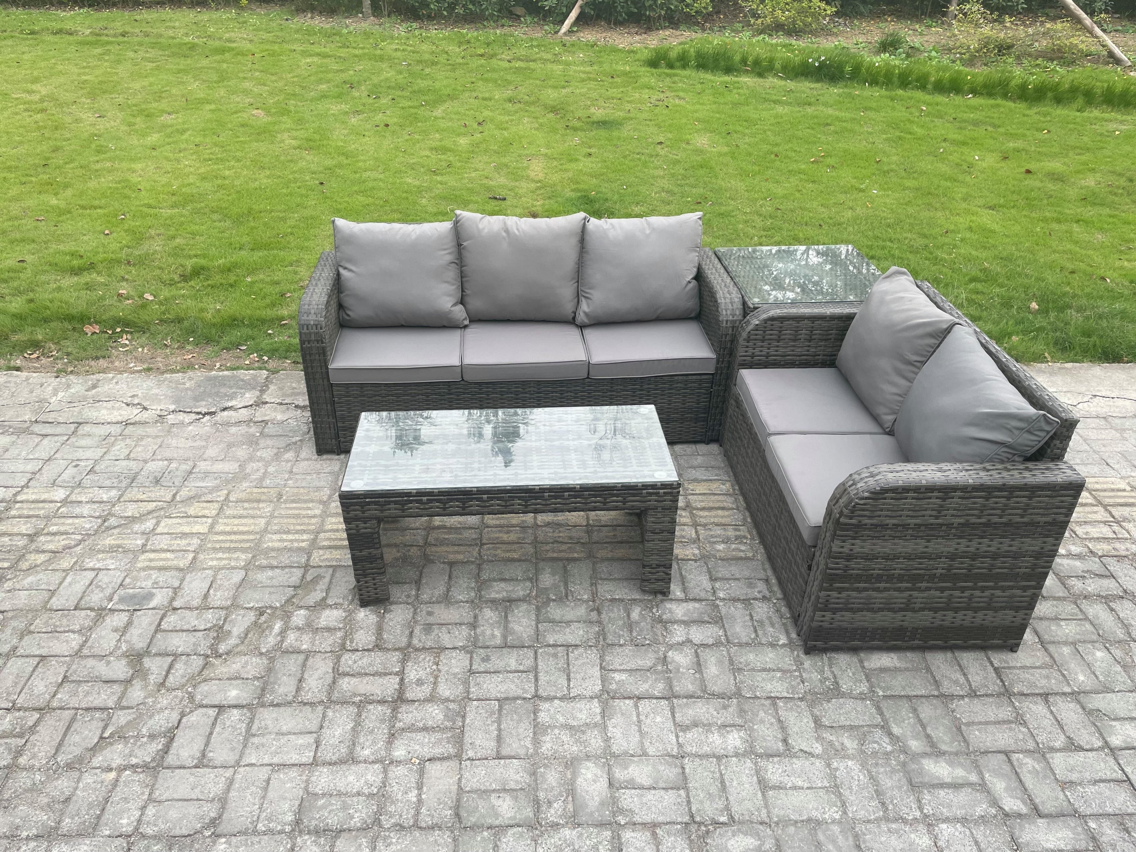 Outdoor Rattan Garden Furniture Set Patio Lounge Sofa Set Rectangular Coffee Table Side Table Dark Grey Mixed