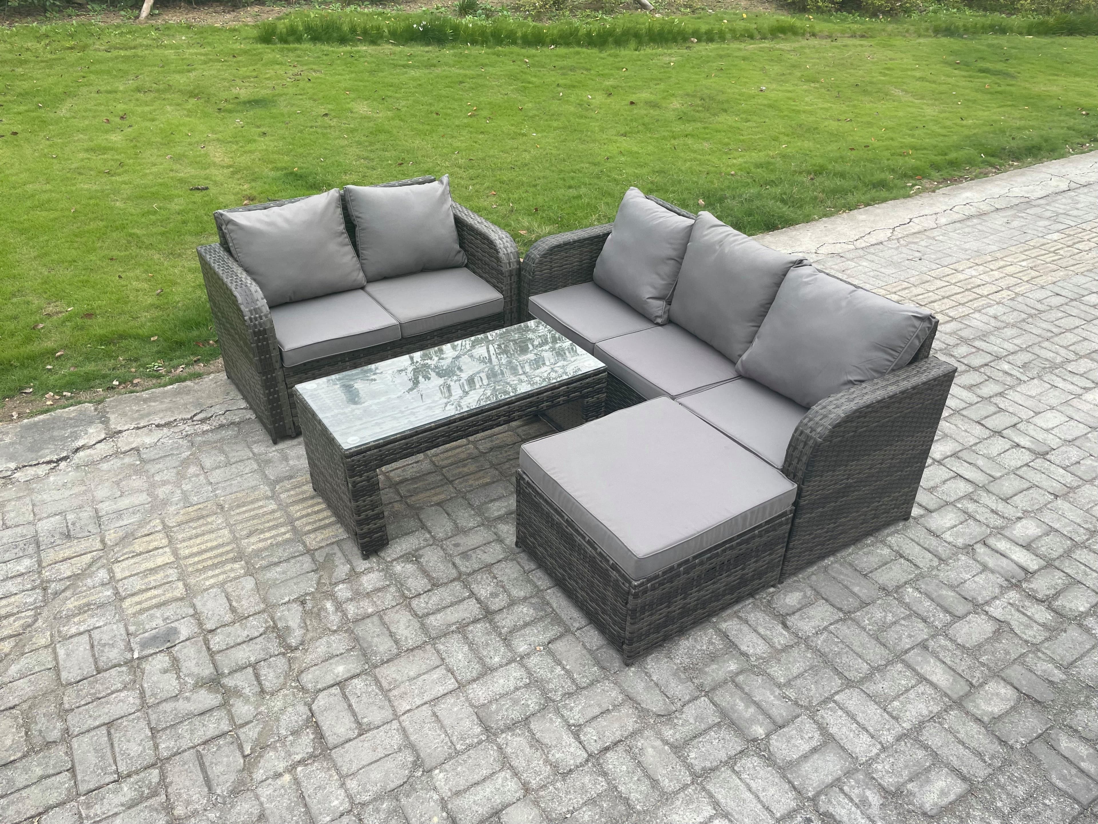 Outdoor Rattan Garden Furniture Set Patio Lounge Sofa Set Rectangular Coffee Table Big Footstool Dark Grey Mixed