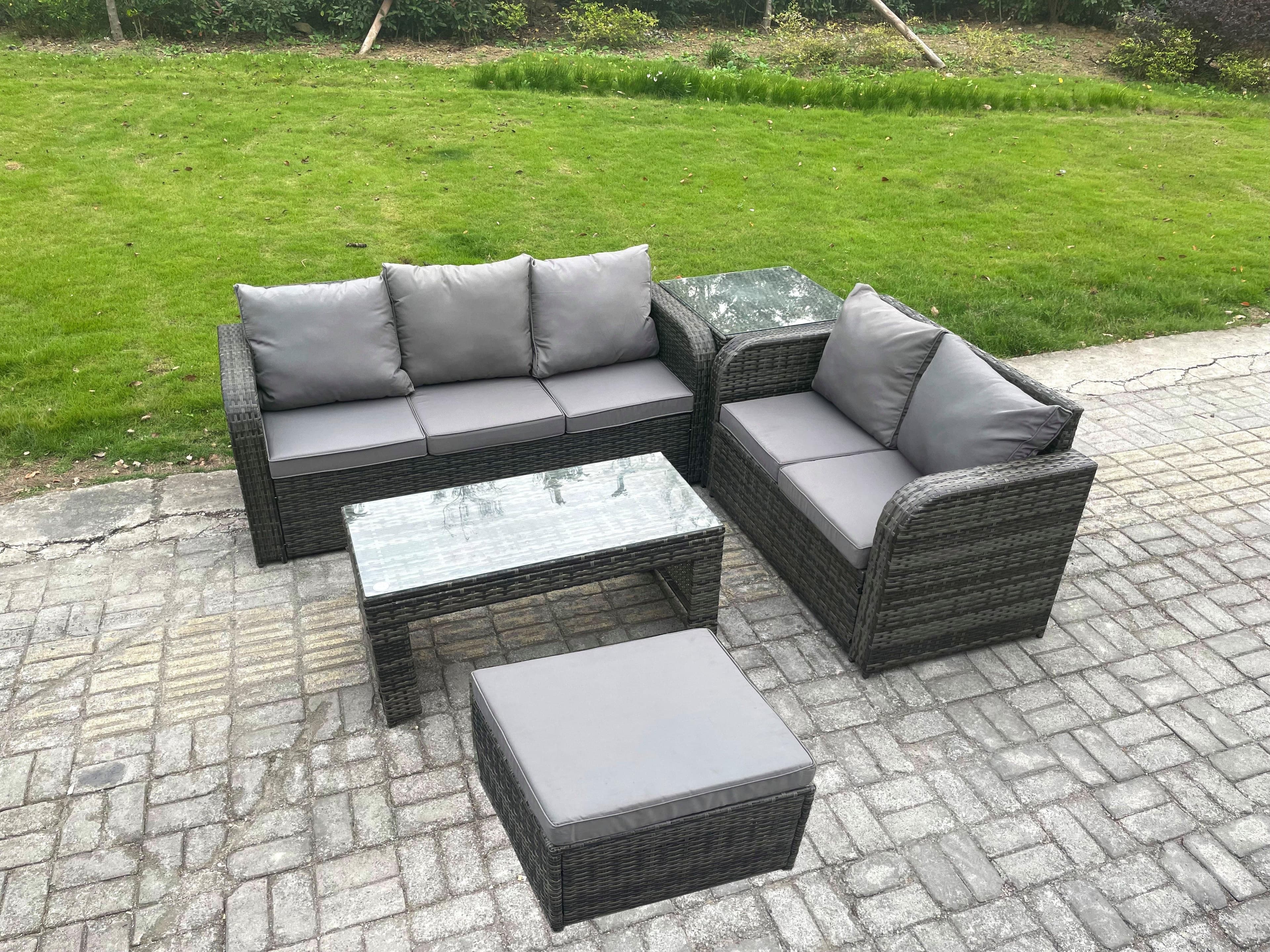 Outdoor Rattan Garden Furniture Set Patio Lounge Sofa Set Coffee Table Side Table Big Footstool Dark Grey Mixed
