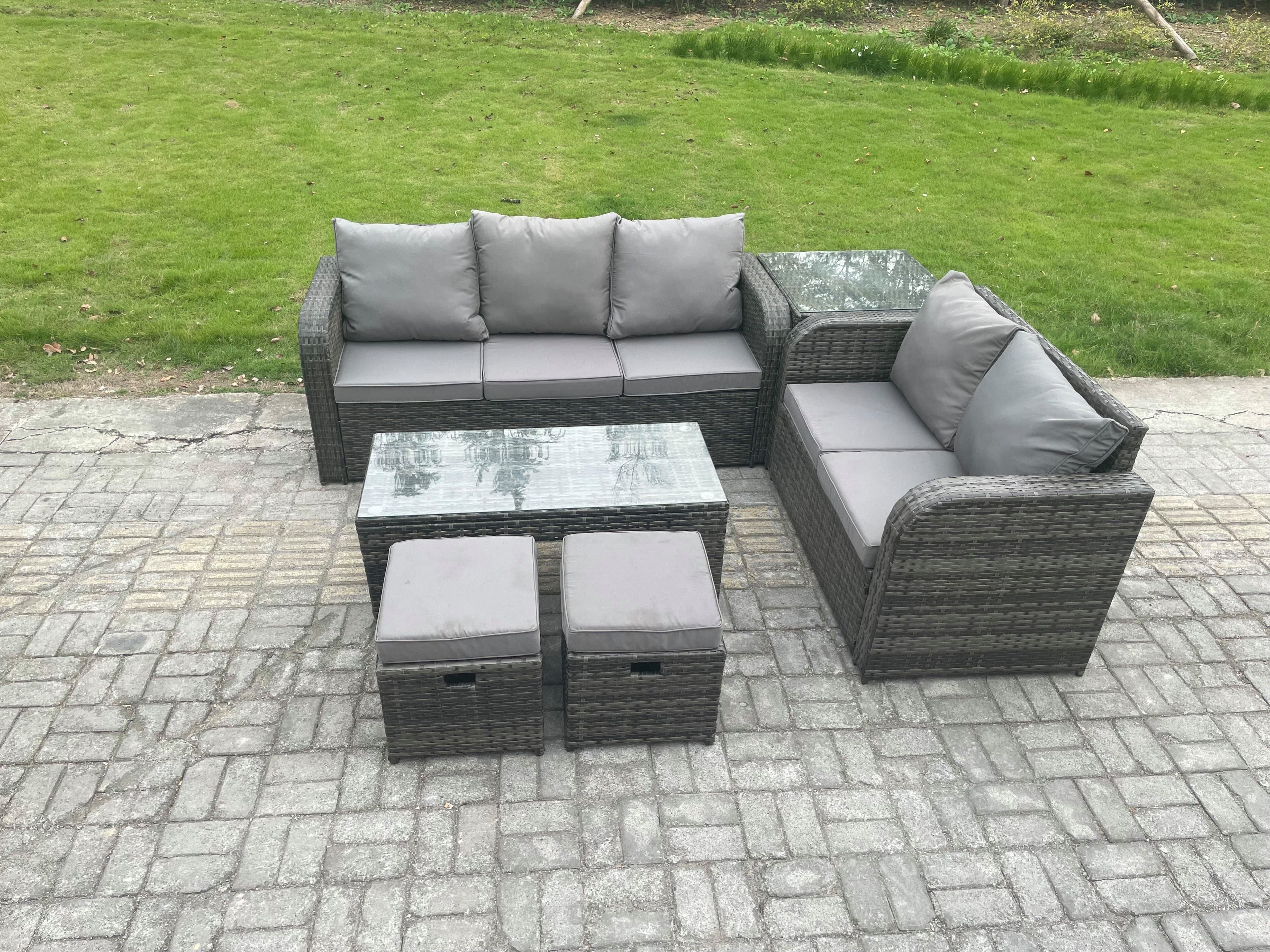 Outdoor Rattan Garden Furniture Set Patio Lounge Sofa Set Coffee Table Side Table 2 Footstools Dark Grey Mixed