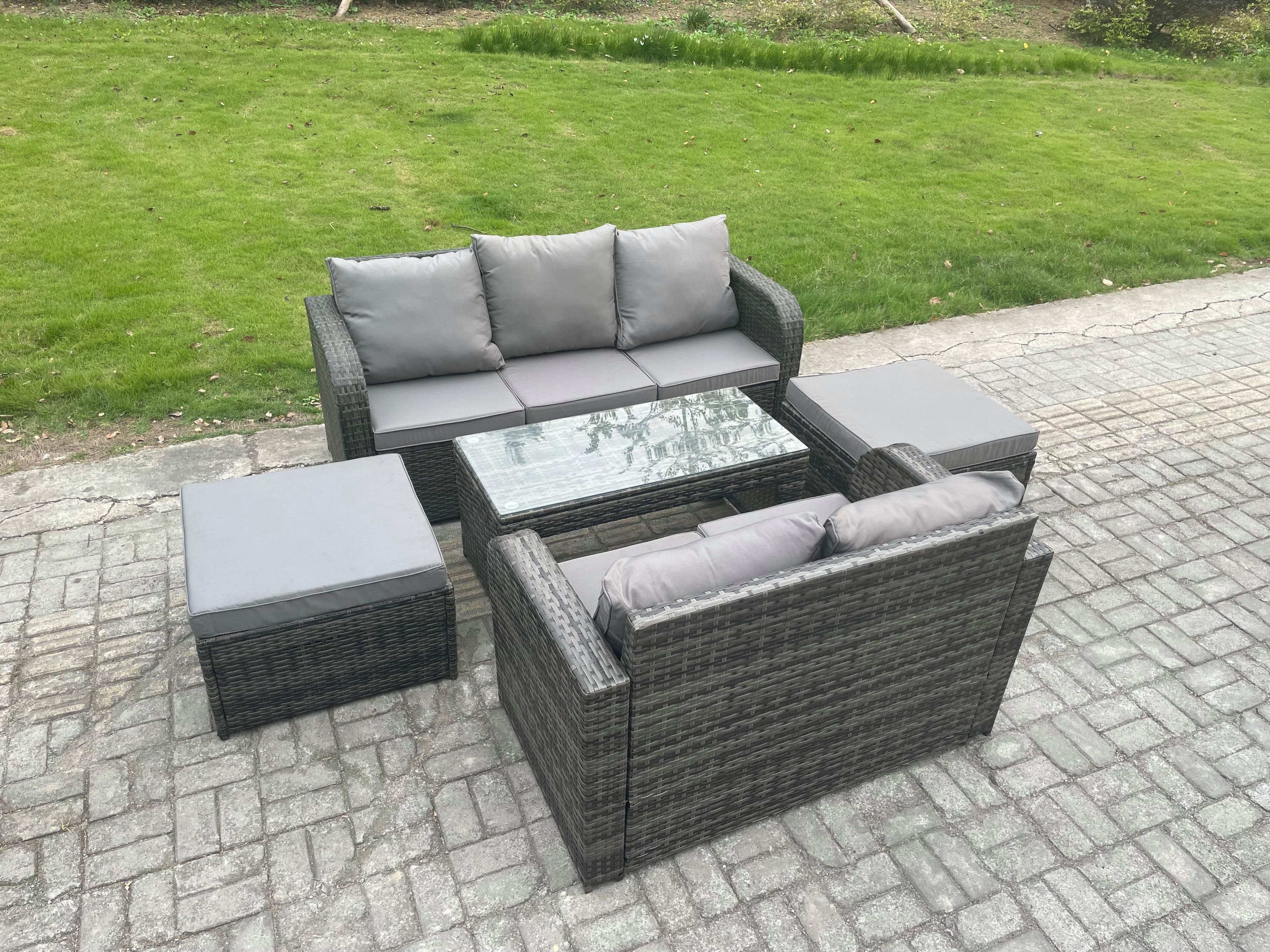 7 Seater Outdoor Rattan Garden Furniture Set Patio Lounge Sofa Set 2 Big Footstool Dark Grey Mixed