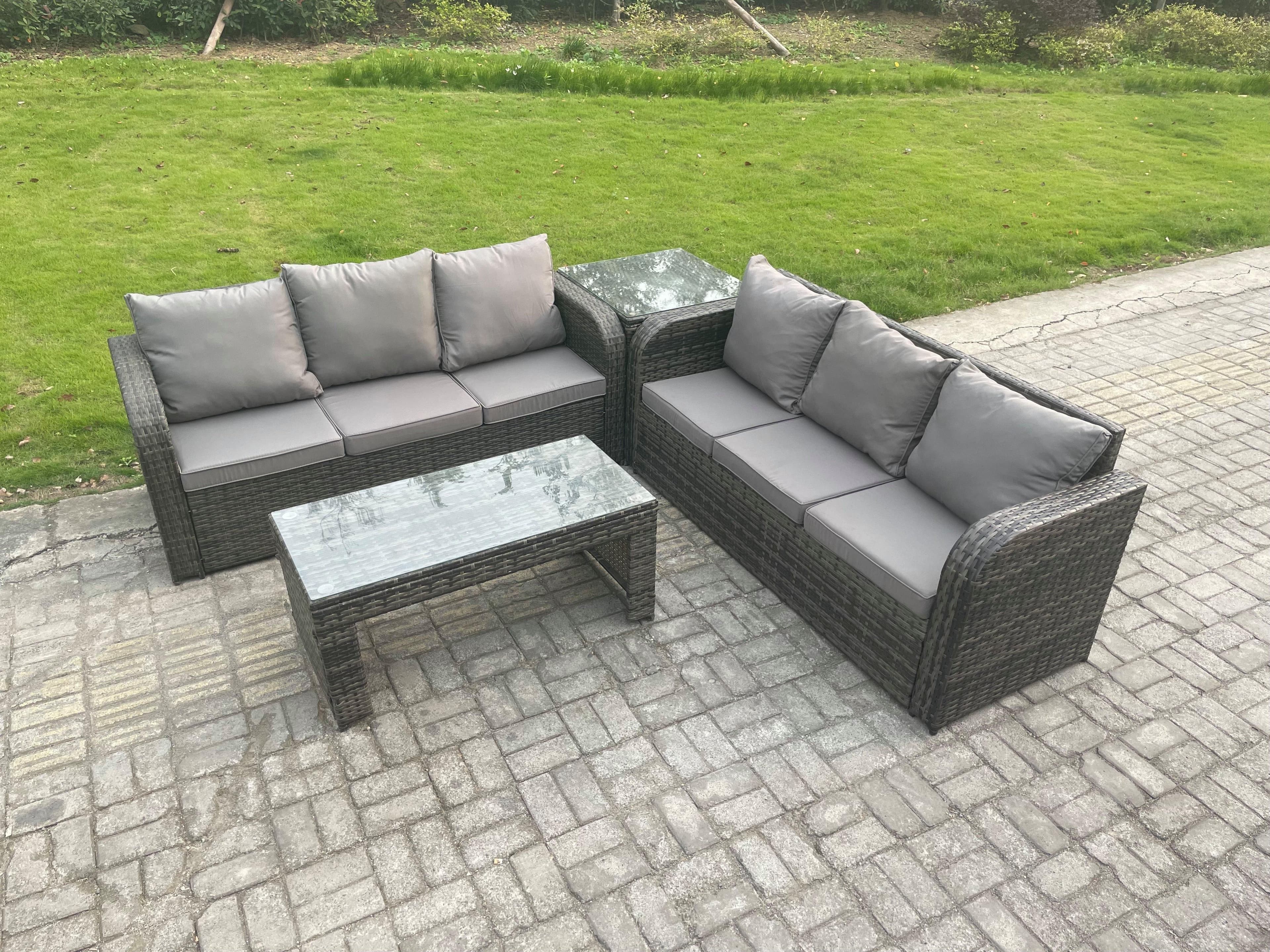 6 Seater Outdoor Rattan Garden Furniture Set Patio Lounge Sofa Set Rectangular Coffee Table Side Table