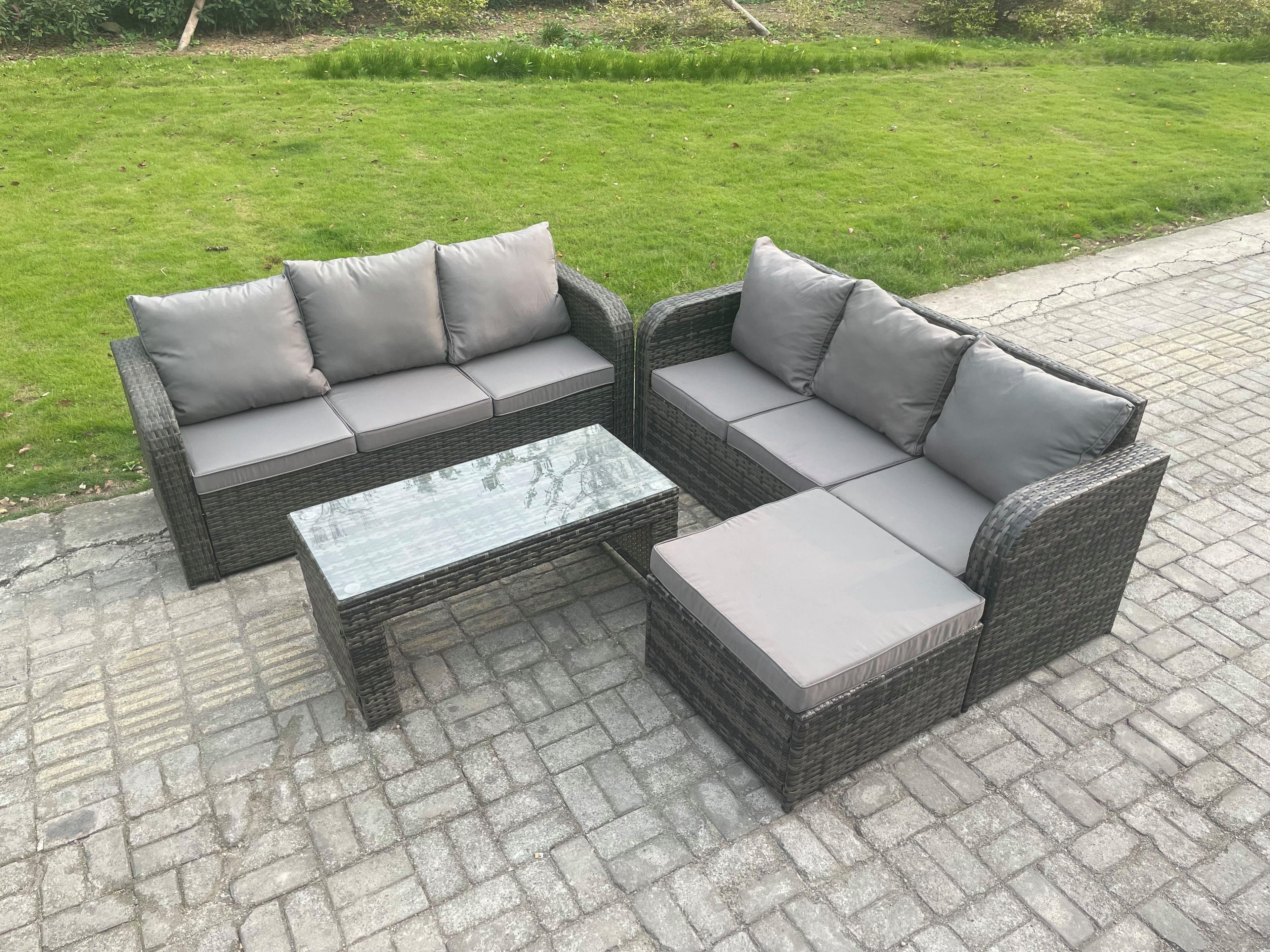 Outdoor Lounge Sofa Set Rattan Garden Furniture Set Rectangular Coffee Table Big Footstool