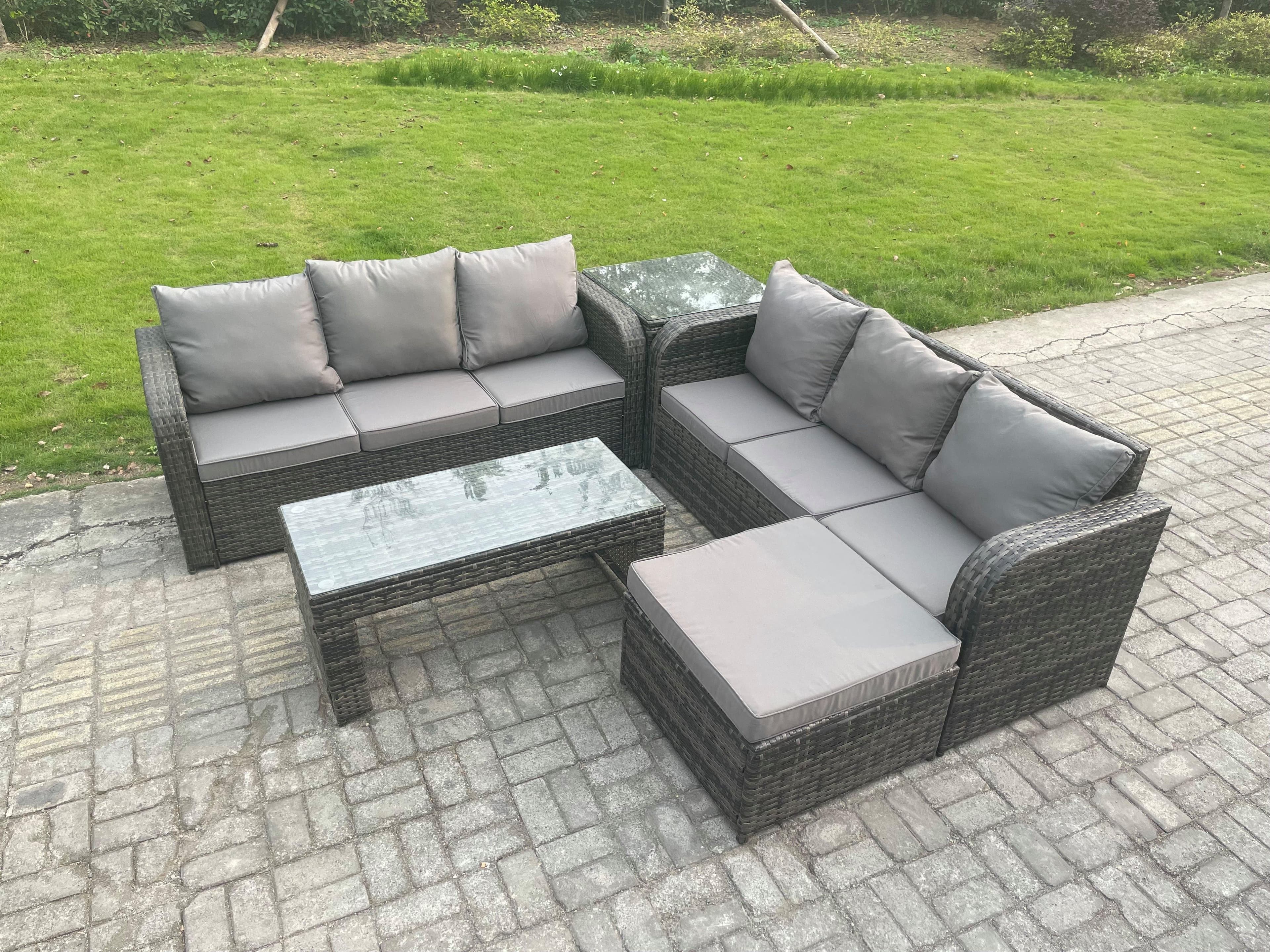 Outdoor Lounge Sofa Set Rattan Garden Furniture Set Rectangular Coffee Table Big Footstool 3 Seater Sofa
