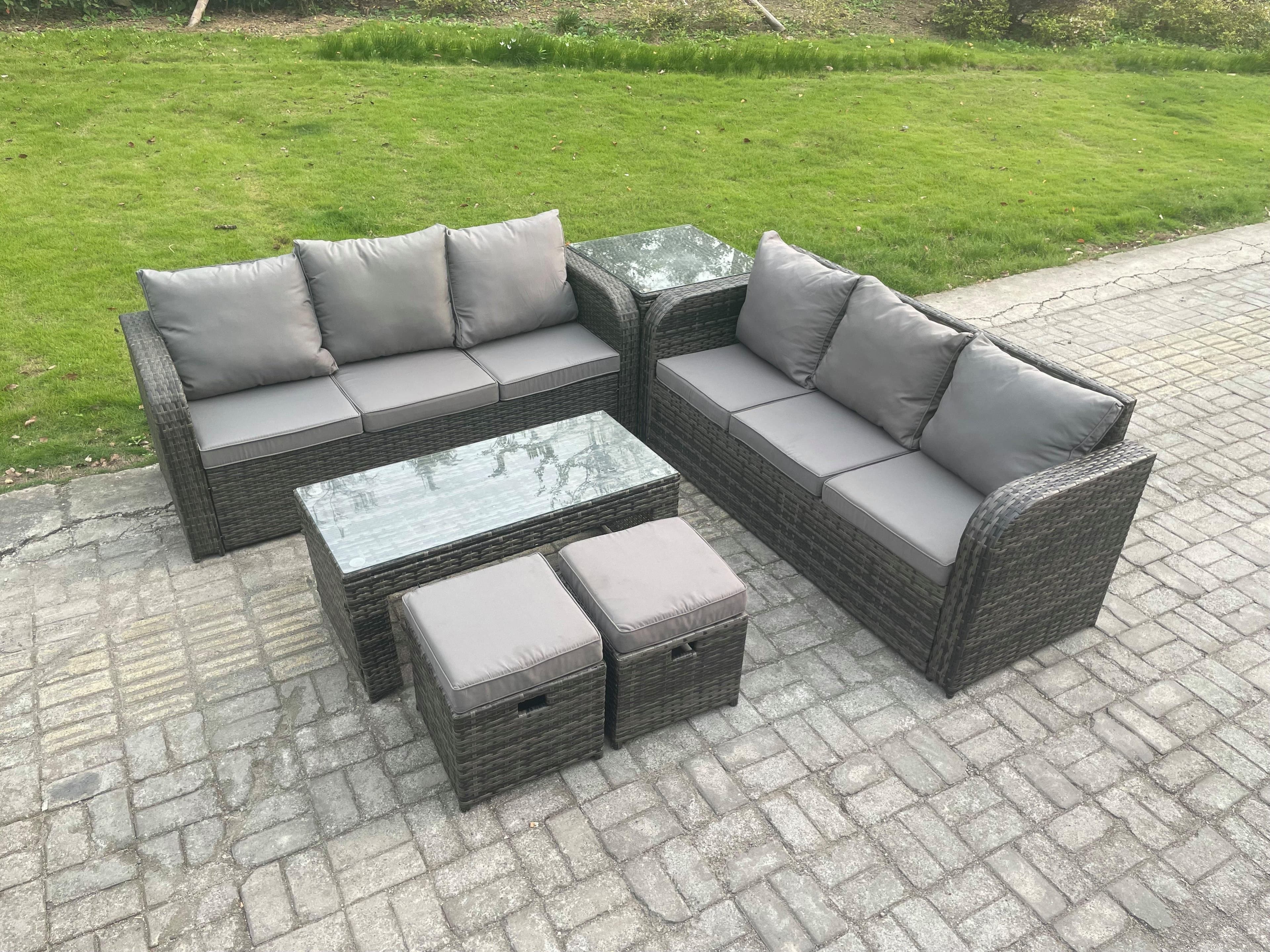 Outdoor Lounge Sofa Set Rattan Garden Furniture Set Rectangular Coffee Table 2 Small Footstool Dark Grey Mixed