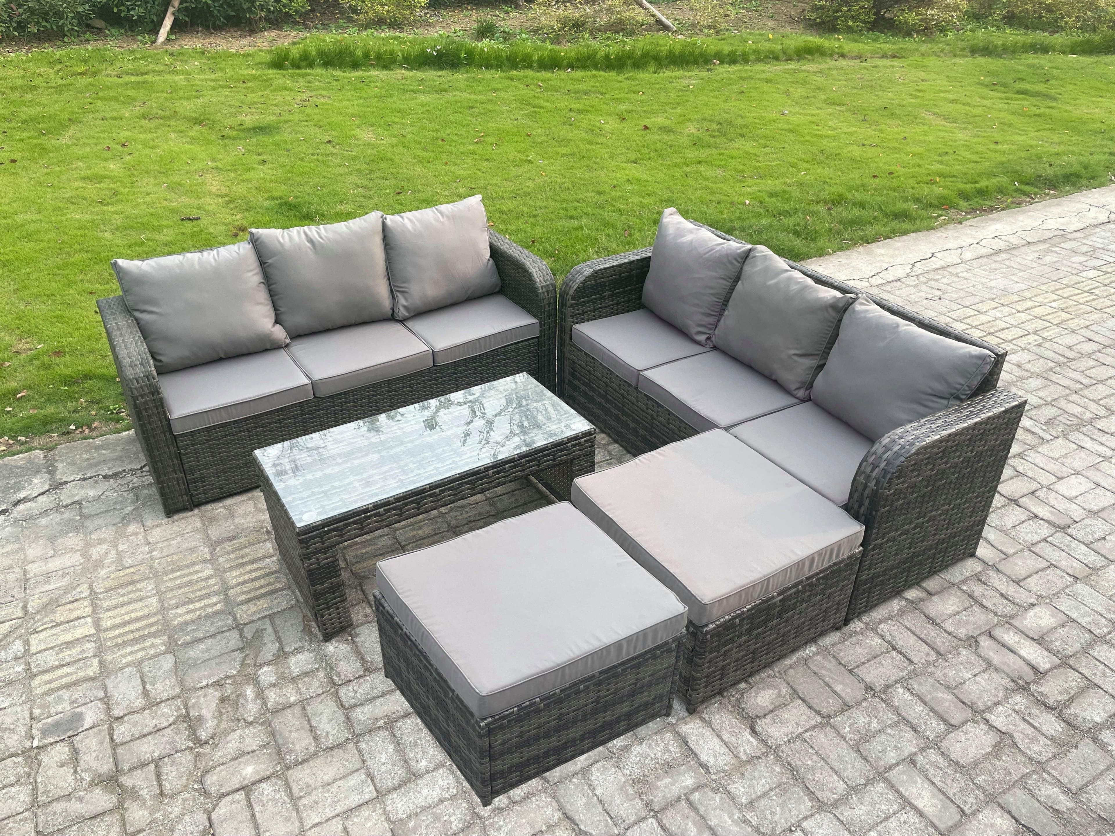 Outdoor Lounge Sofa Set Rattan Garden Furniture Set Rectangular Coffee Table 2 Big Footstool Dark Grey Mixed