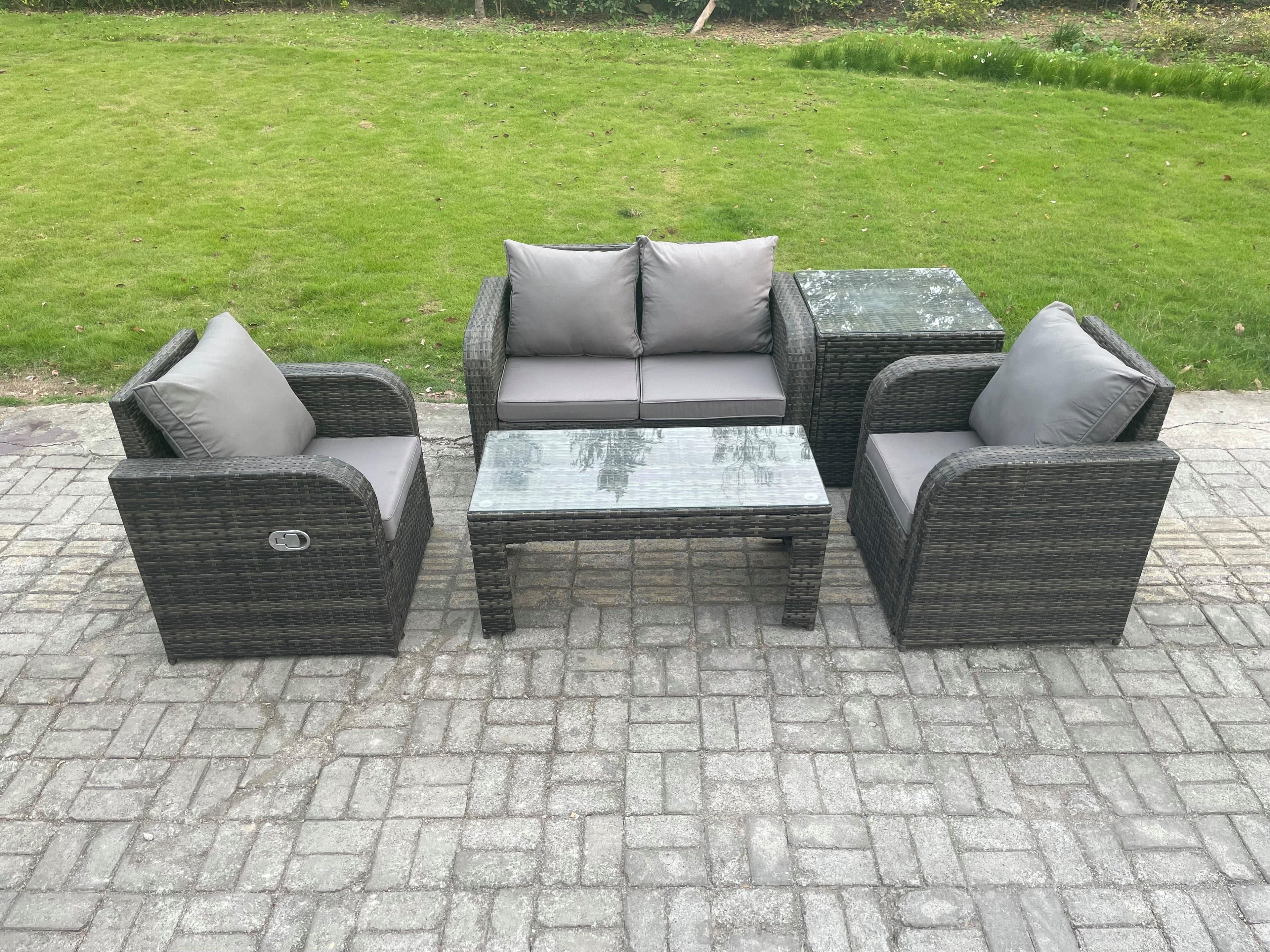 Rattan Lounge Sofa Set Outdoor Garden Furniture Set Rectangular Coffee Table Love Sofa Side Table Dark Grey Mixed