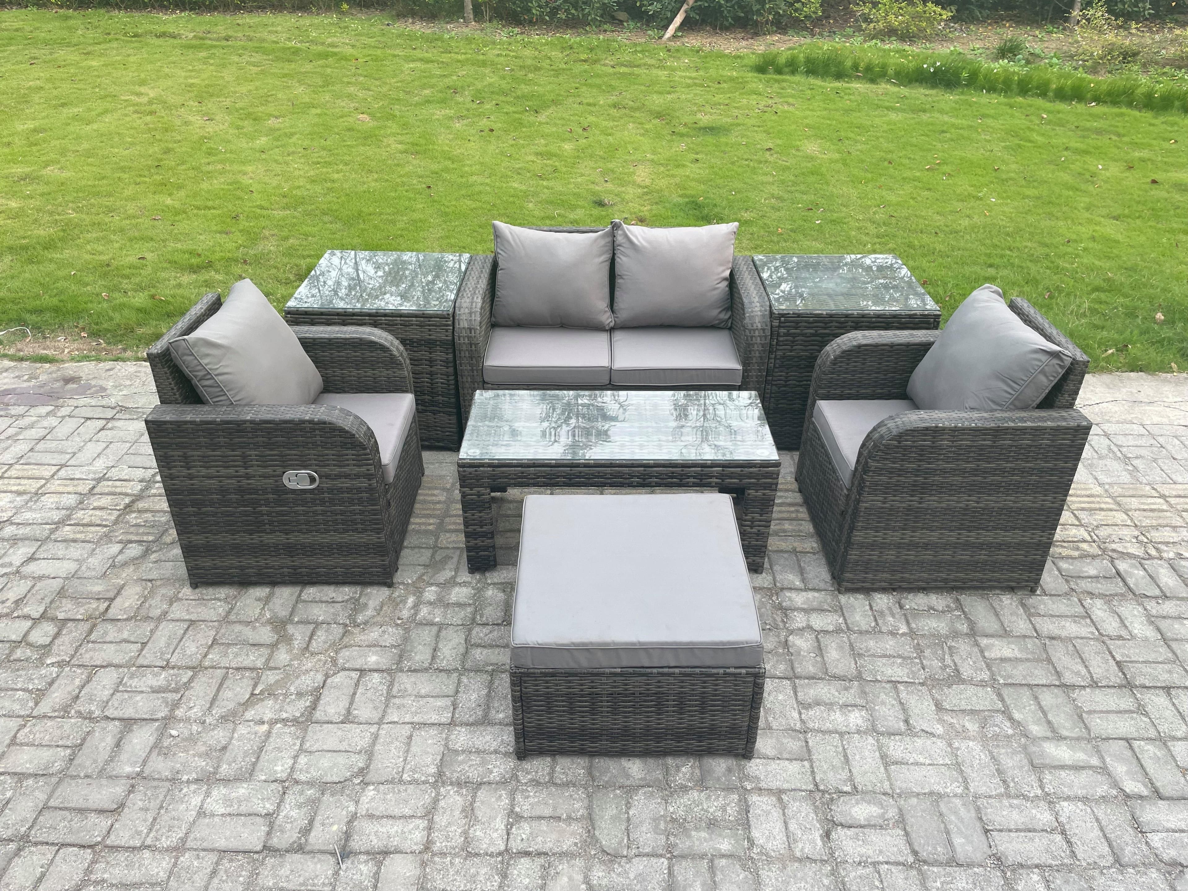 Rattan Lounge Sofa Set 7 PCS Outdoor Garden Furniture Set Rectangular Coffee Table Love Sofa 2 Side Tables