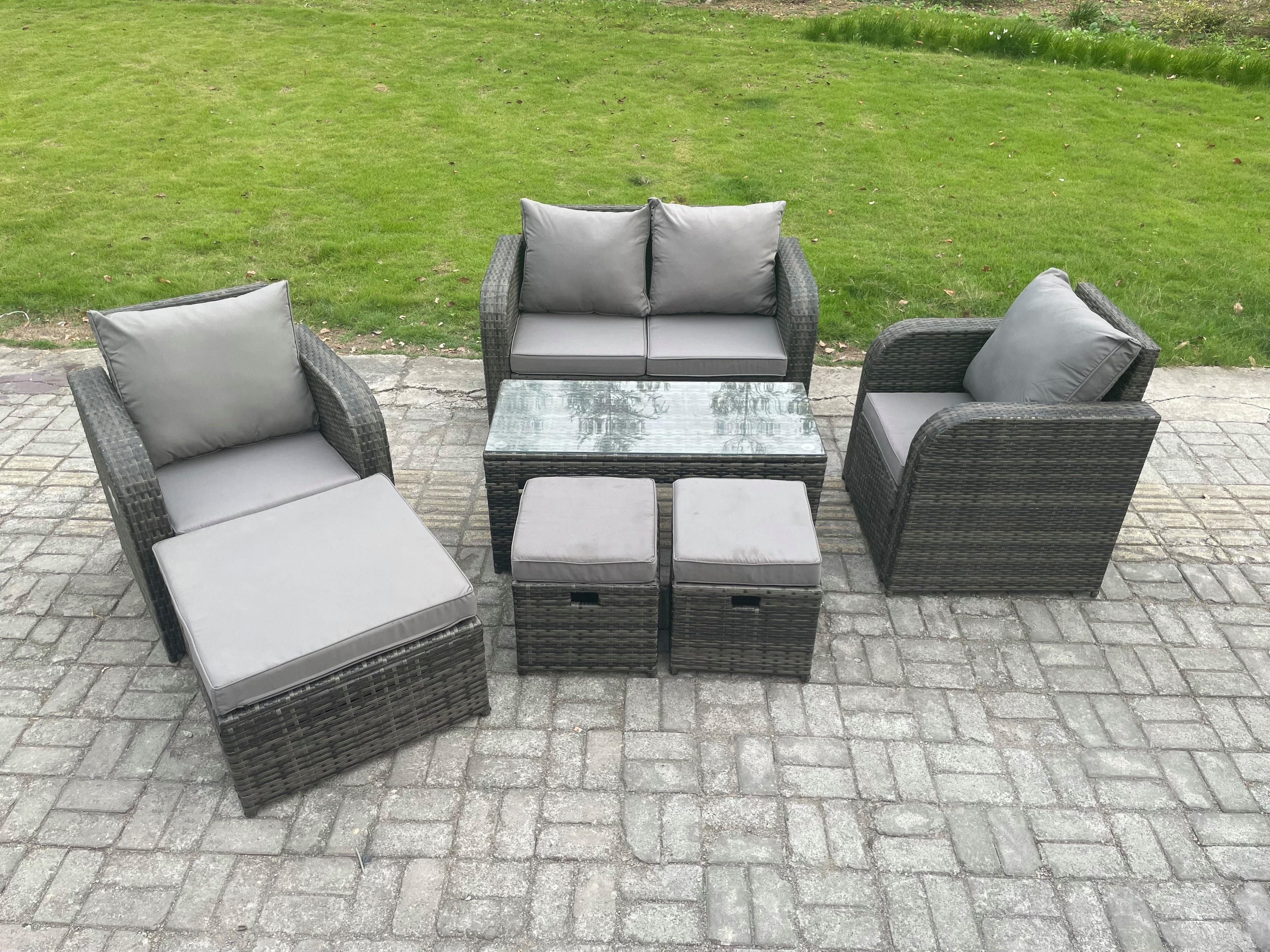 7 Seater Rattan Lounge Sofa Set Outdoor Garden Furniture Set Rectangular Coffee Table Love Sofa 3 Footstools