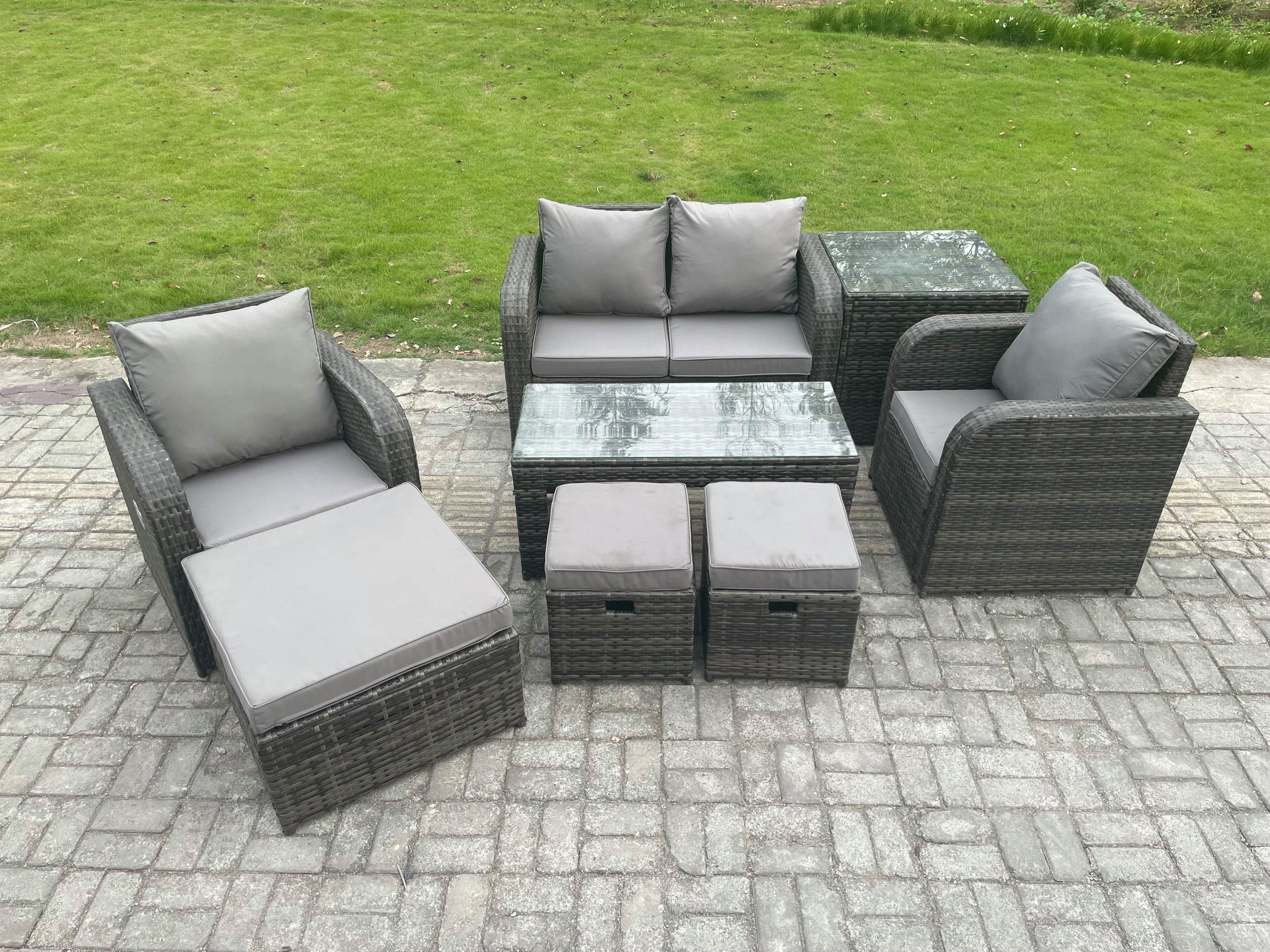 7 Seater Rattan Lounge Sofa Set Outdoor Garden Furniture Set Rectangular Coffee Table Love Sofa Side Table