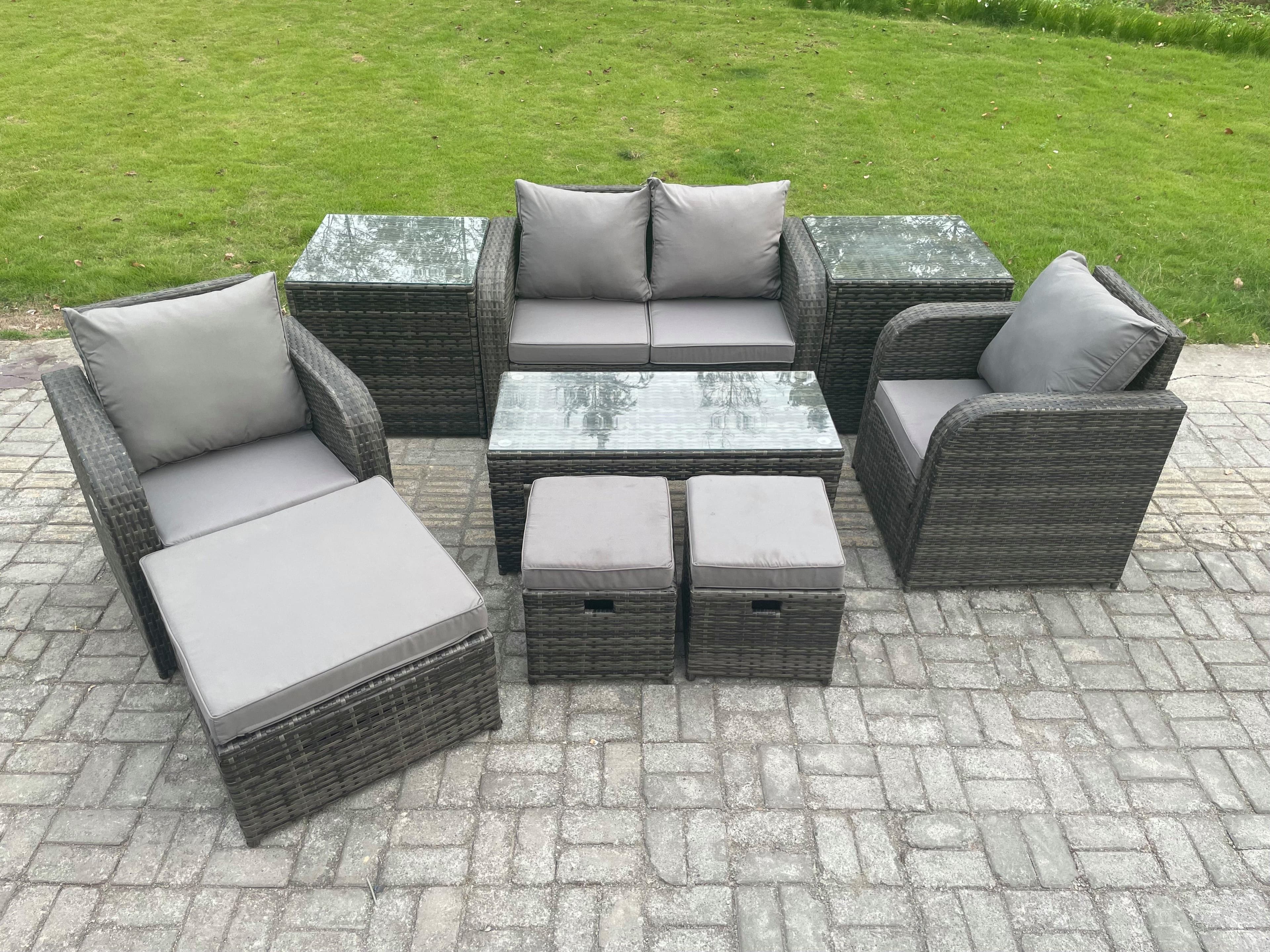 Rattan Lounge Sofa Set Outdoor Garden Furniture Set Rectangular Coffee Table Love Sofa 2 Side Tables 3 Footstools