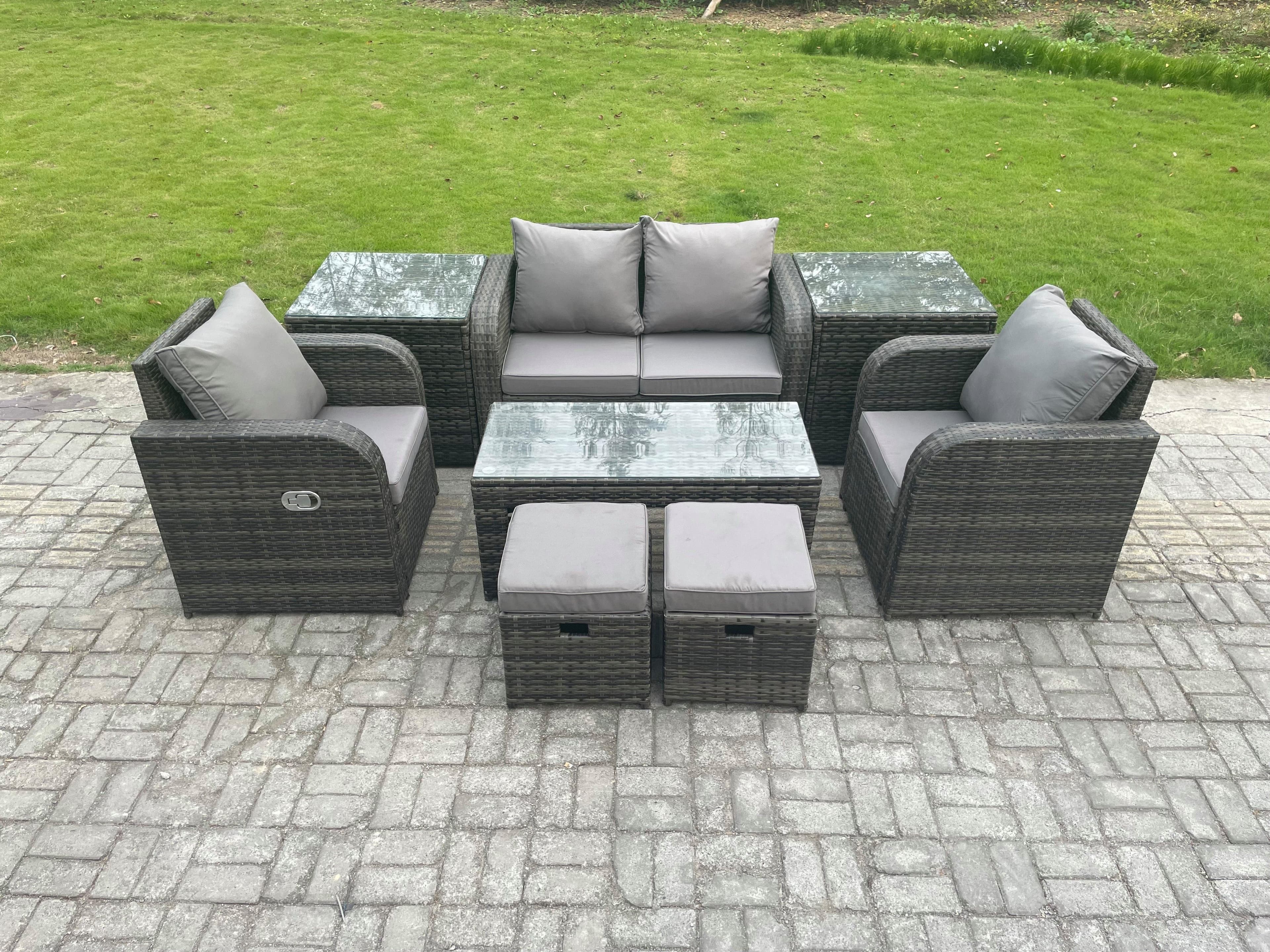 Outdoor Lounge Sofa Set Wicker PE Rattan Garden Furniture Set Reclining Chair Coffee Table 2 Side Tables