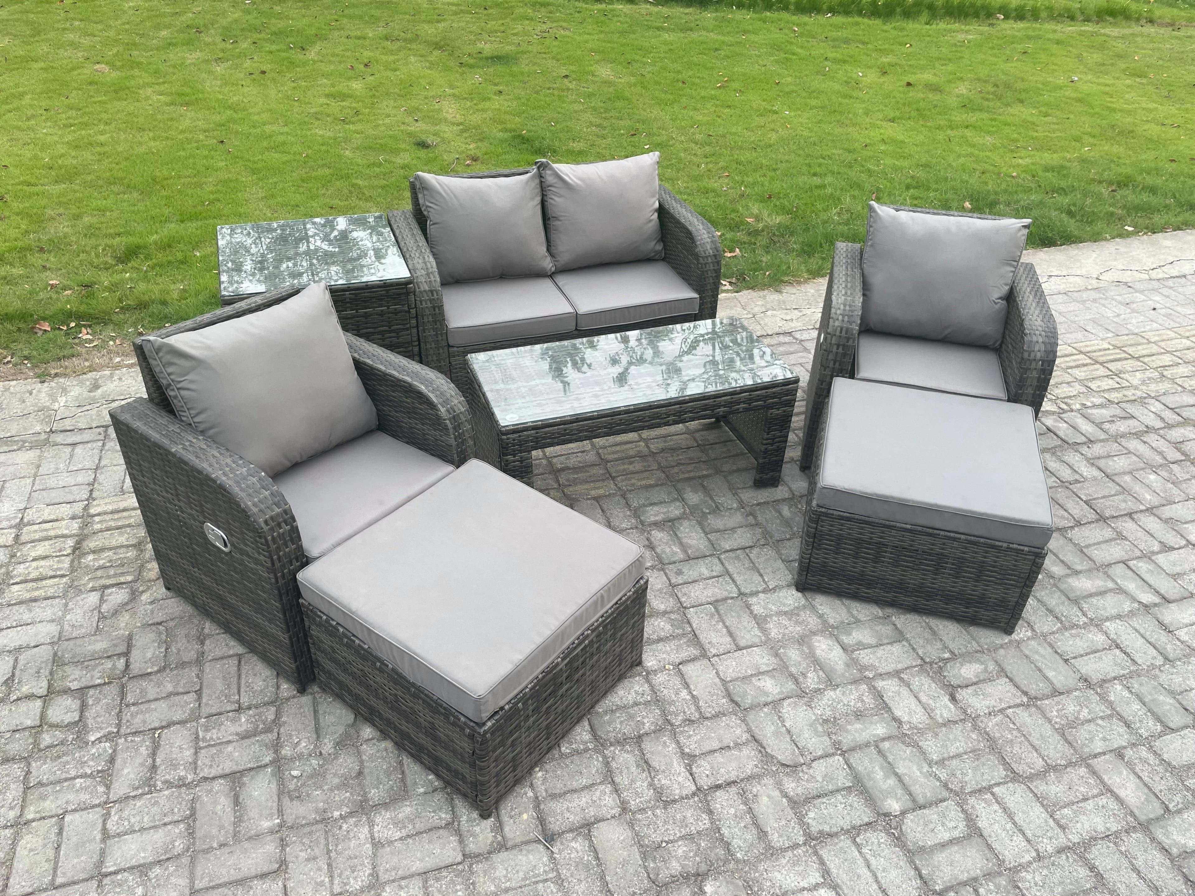 Outdoor Lounge Sofa Set Wicker PE Rattan Garden Furniture Set Reclining Chair Coffee Table Side Table