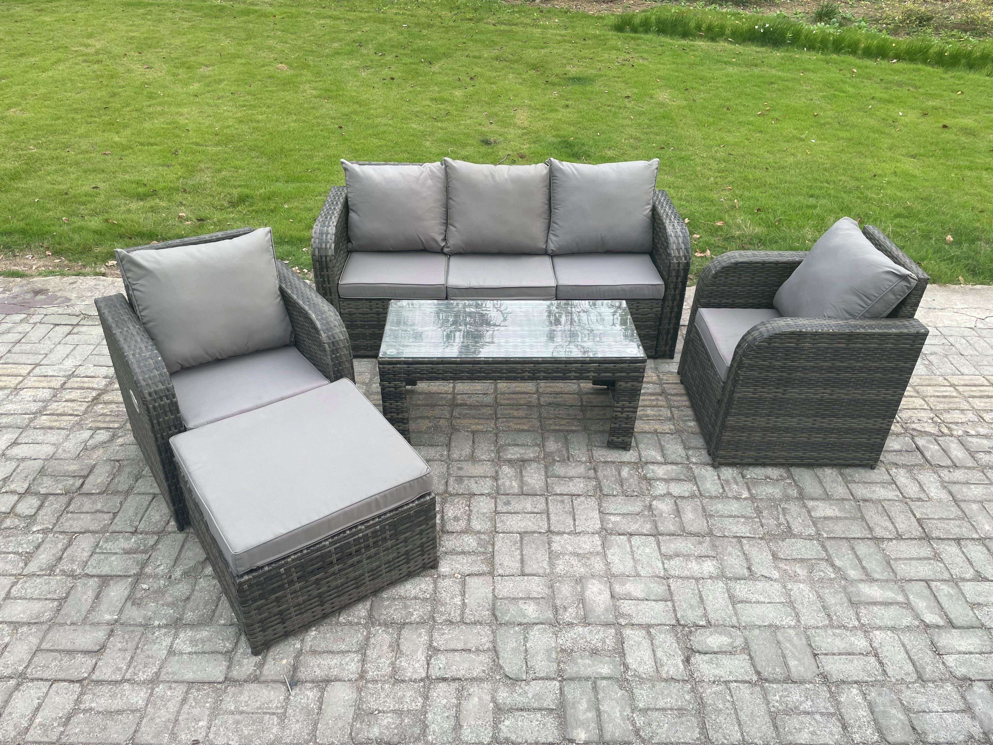 Wicker PE Rattan Garden Furniture Set Outdoor Lounge Sofa Set Reclining Chair Coffee Table Big Footstool Dark Grey