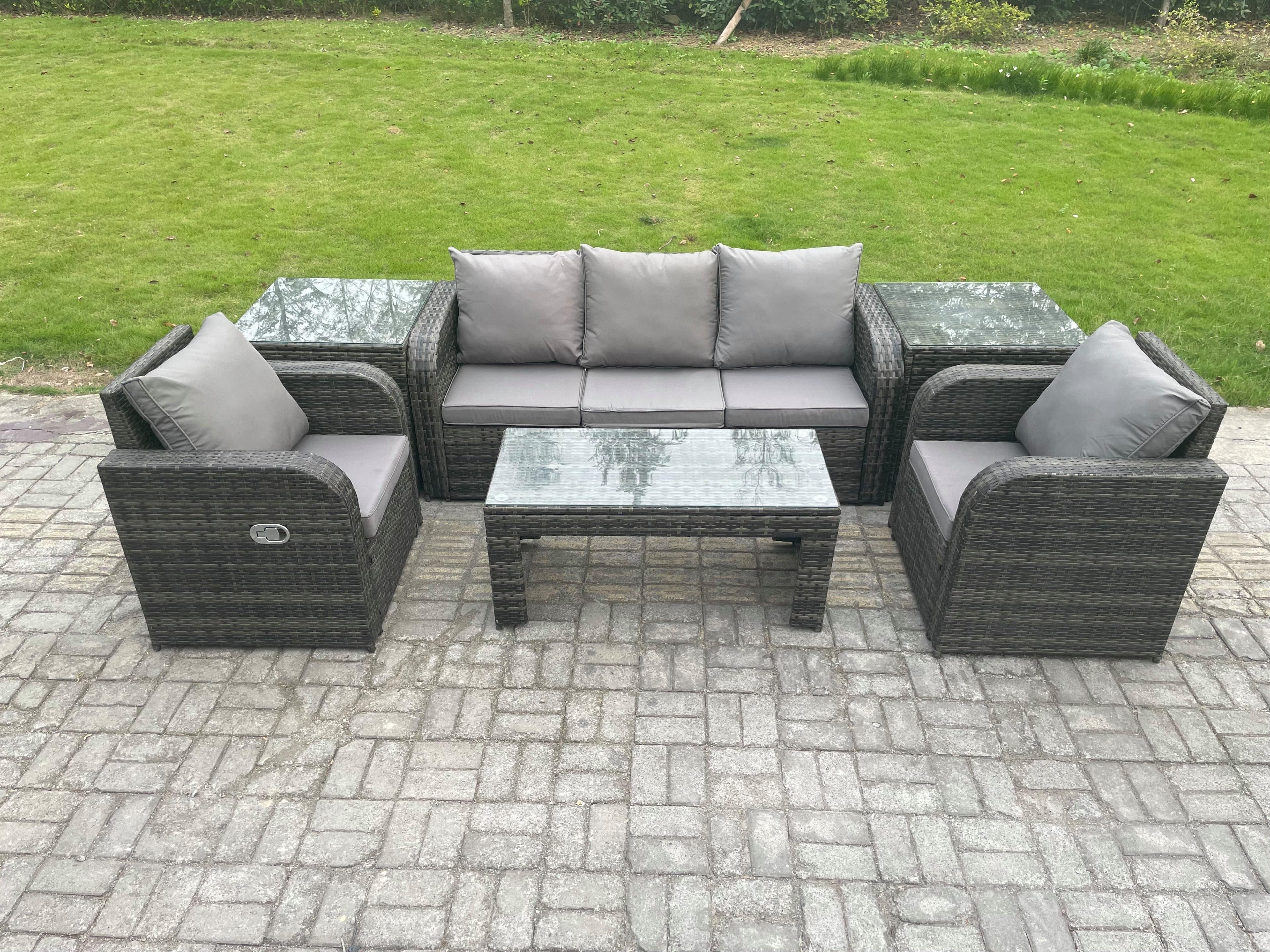 Wicker PE Rattan Garden Furniture Set Outdoor Lounge Sofa Set Reclining Chair Coffee Table 2 Side Tables