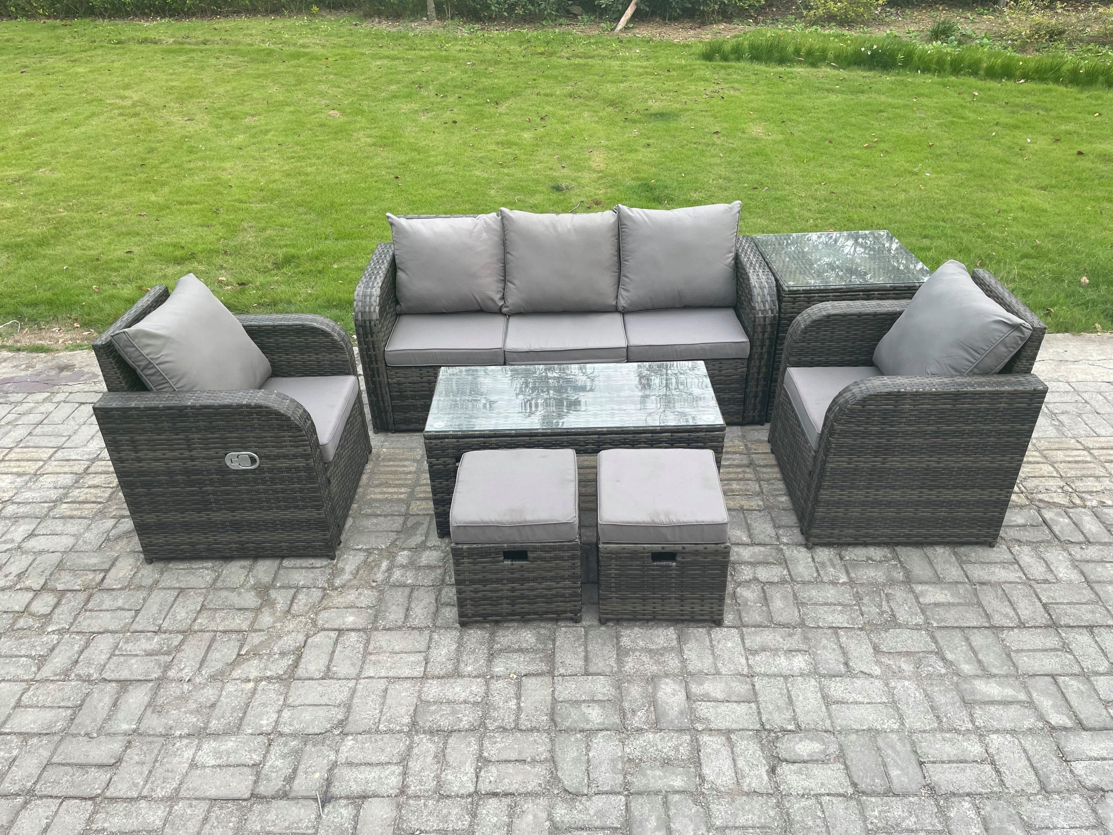7 PC Rattan Garden Furniture Set Rectangular Coffee Table Side Table 2 Small Footstools Patio Outdoor Rattan Set