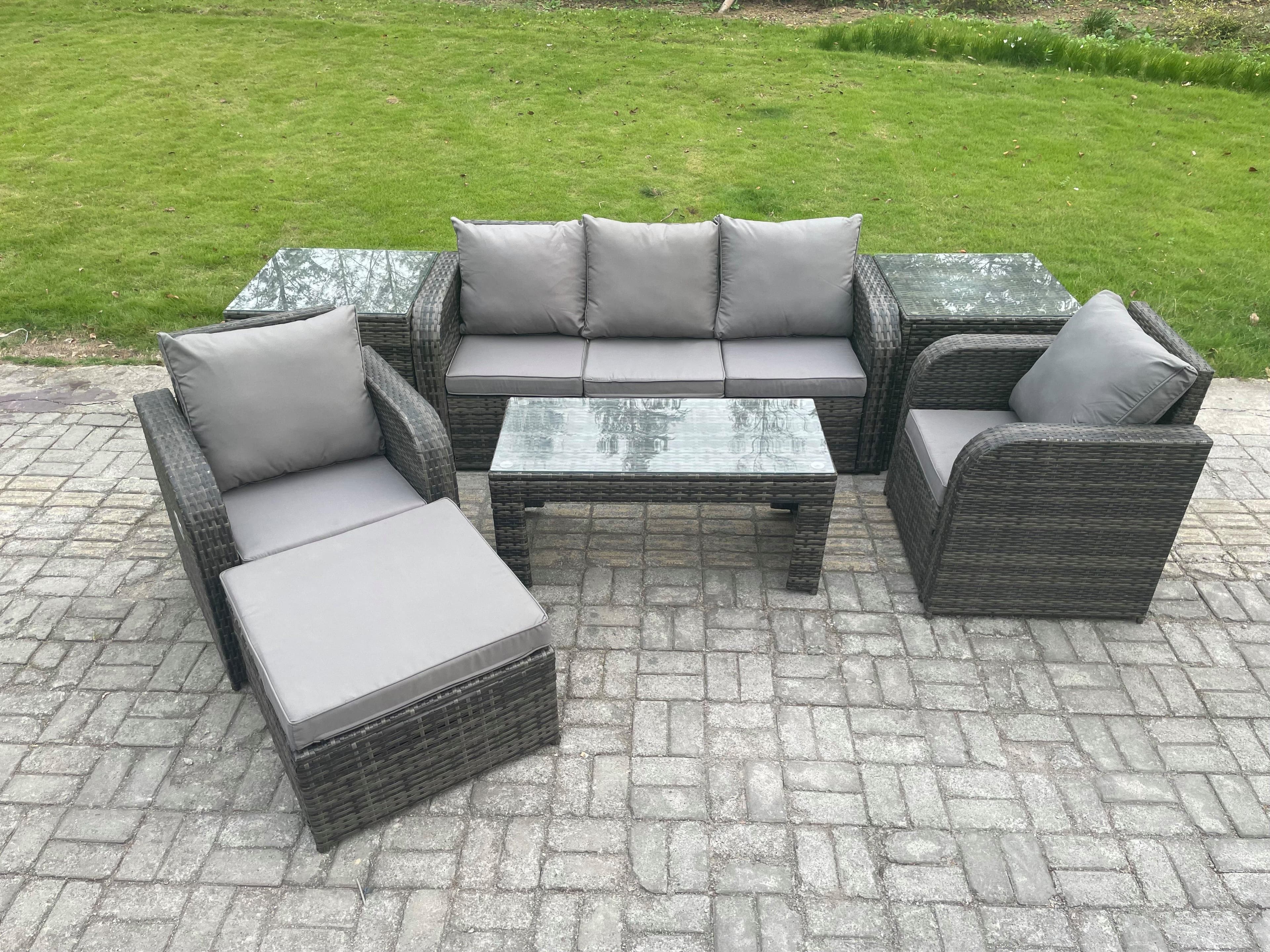 6 Seater Rattan Garden Furniture Set Rectangular Coffee Table 2 Side Tables Big Footstool Patio Outdoor Rattan Set