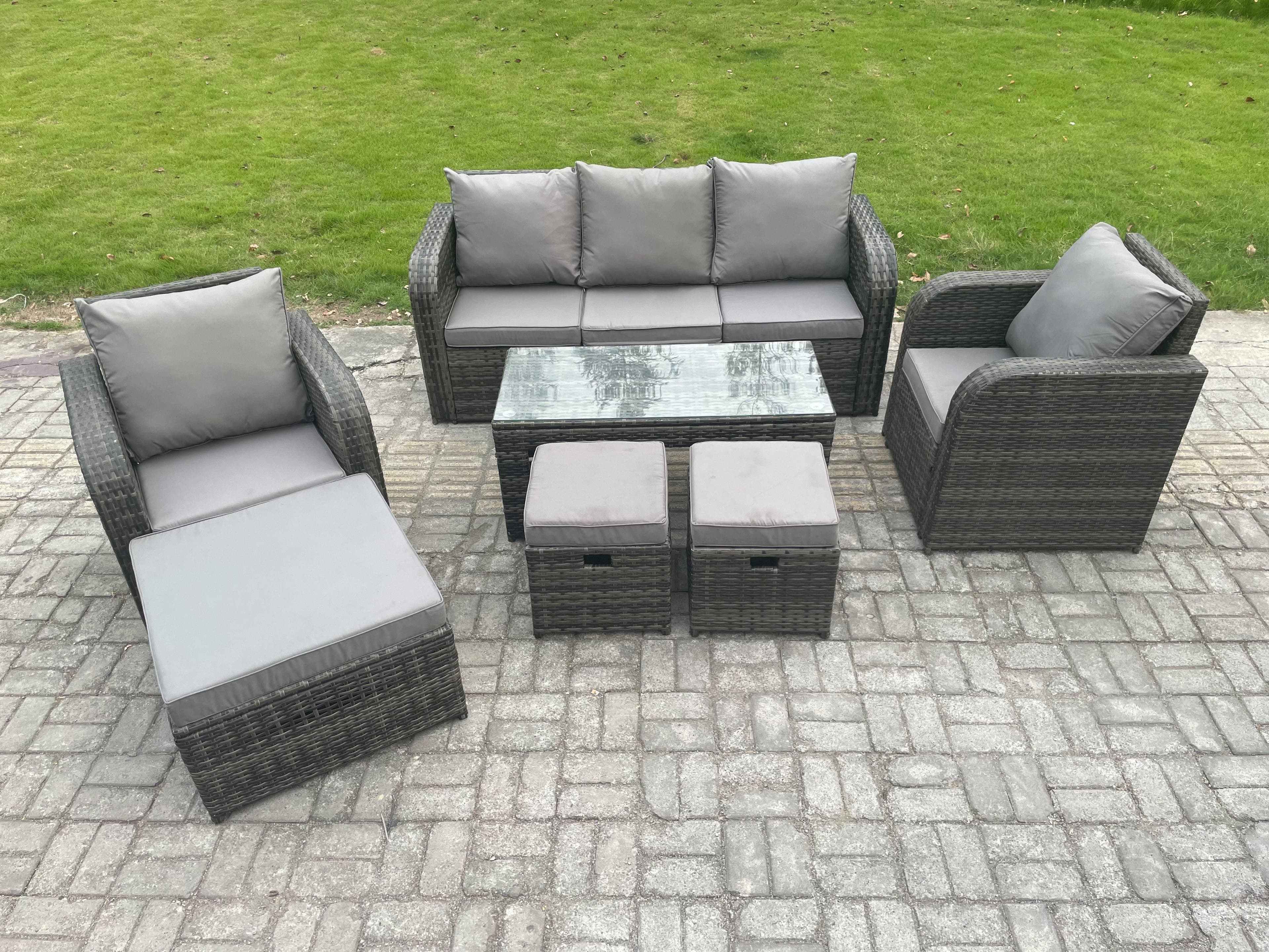 8 Seater Rattan Garden Furniture Set Rectangular Coffee Table 3 Footstools Patio Outdoor Rattan Set
