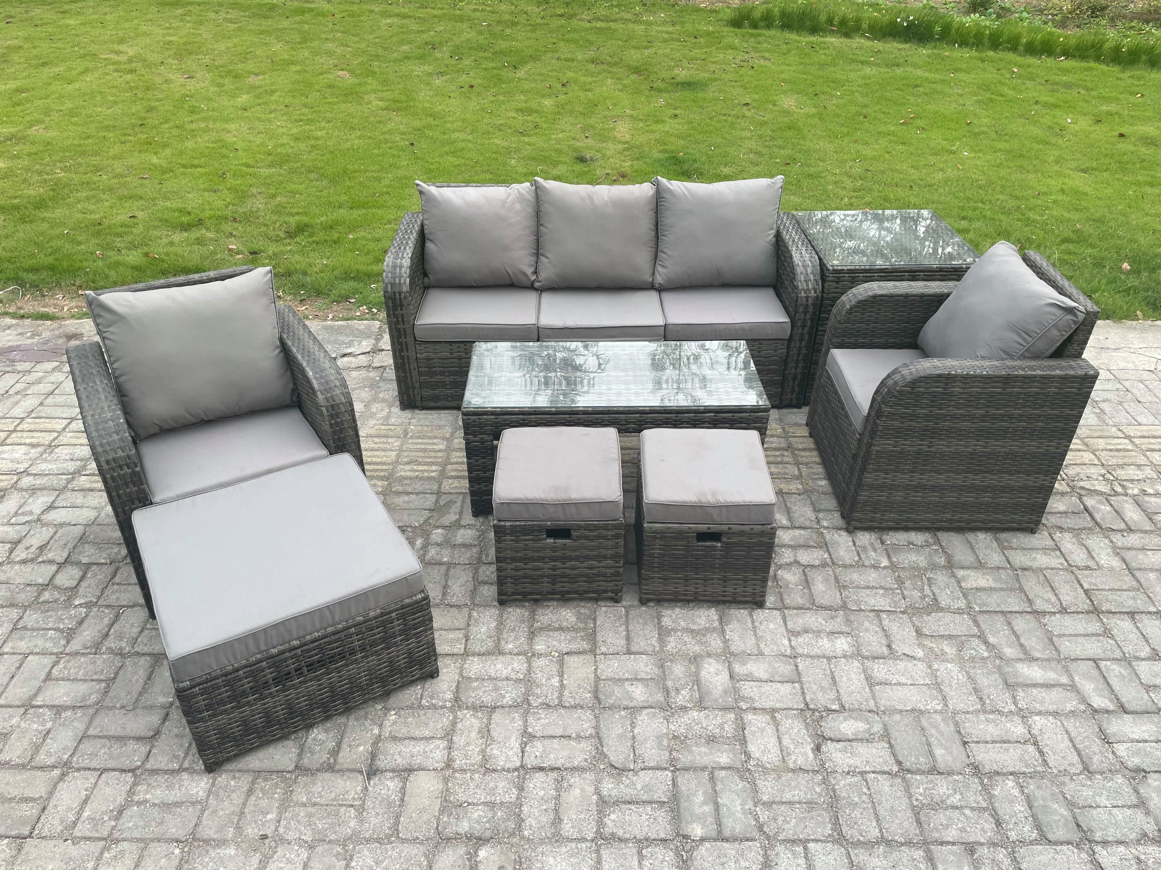8 Seater Rattan Garden Furniture Set Rectangular Coffee Table Side Table 3 Footstools Patio Outdoor Lounge Sofa Set