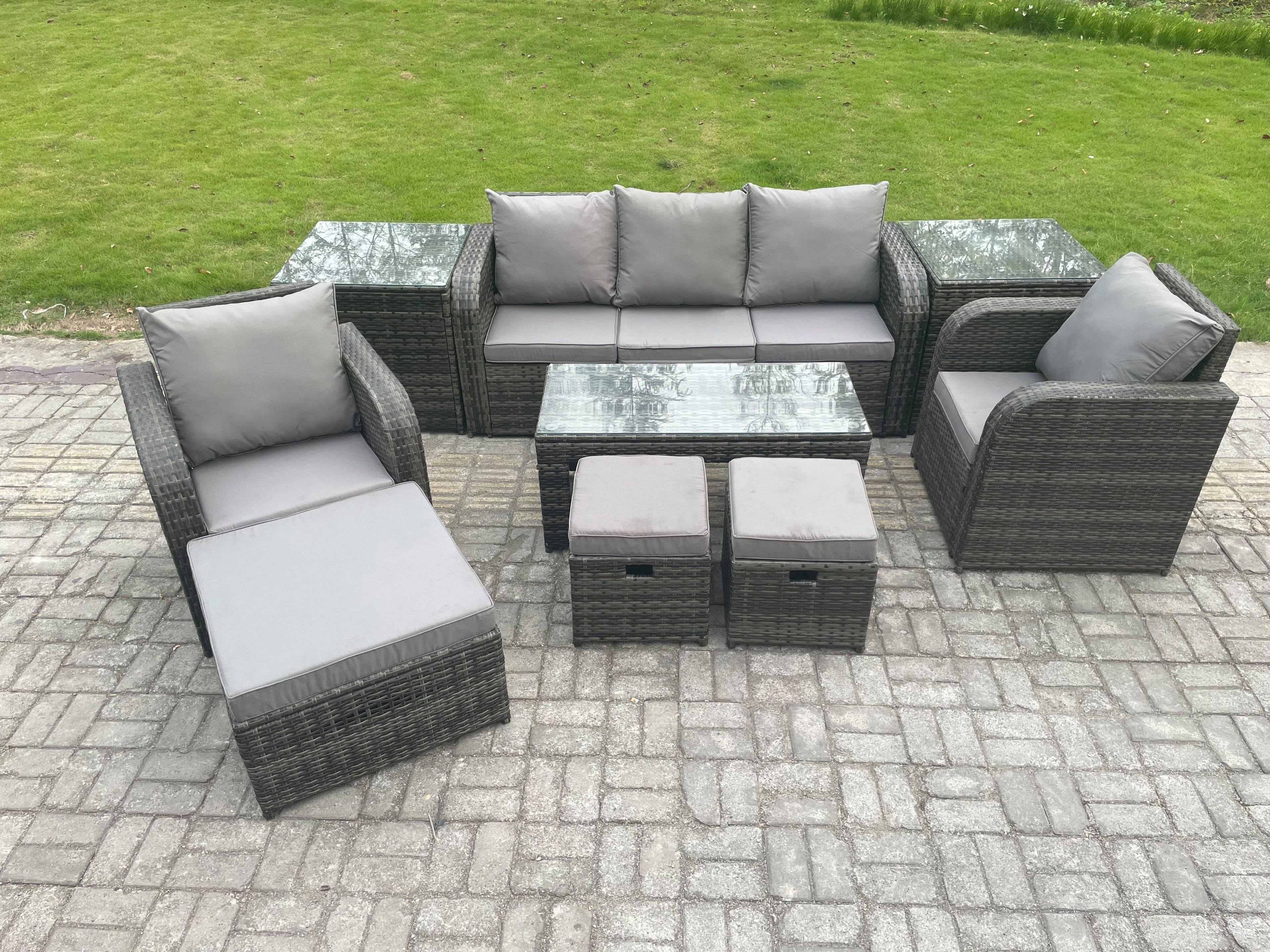 Rattan Garden Furniture Set Rectangular Coffee Table 2 Side Tables 3 Footstools 8 Seater Patio Outdoor Lounge Sofa Set