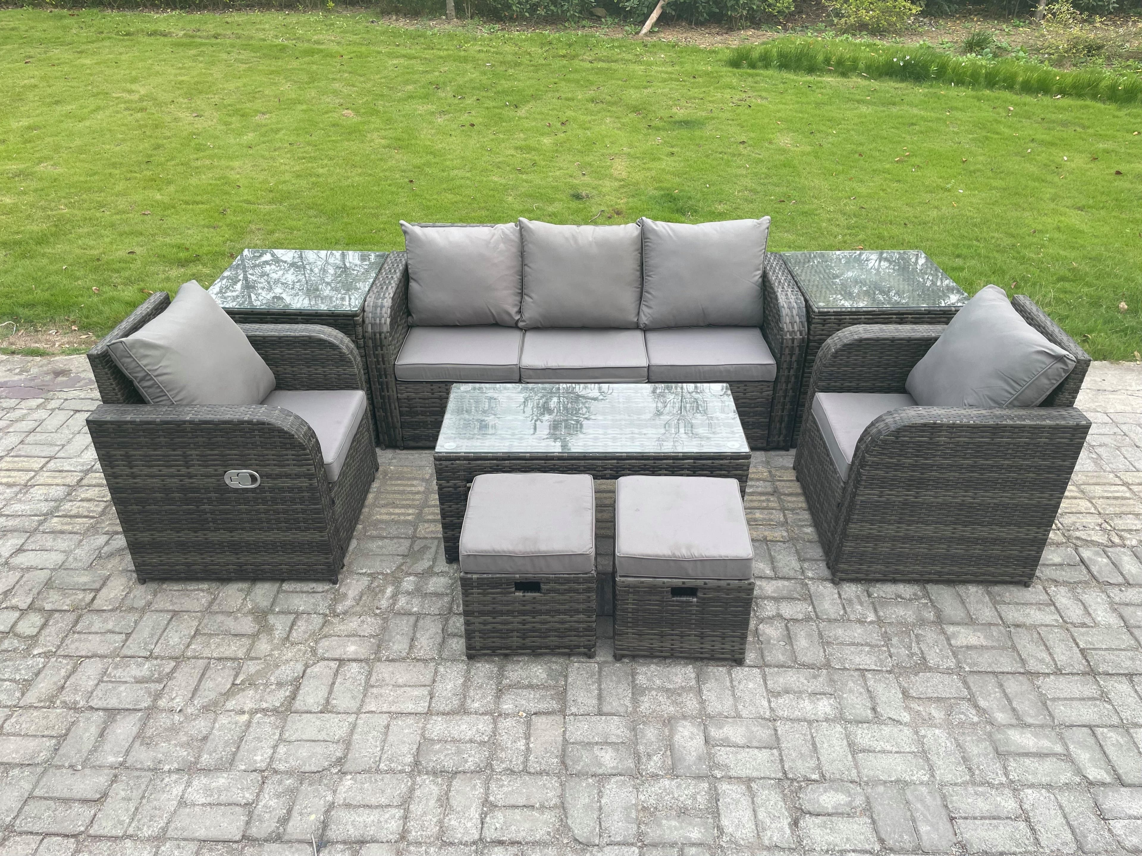 7 Seater Rattan Garden Furniture Set Rectangular Coffee Table 2 Side Tables 2 Small Footstools Patio Outdoor
