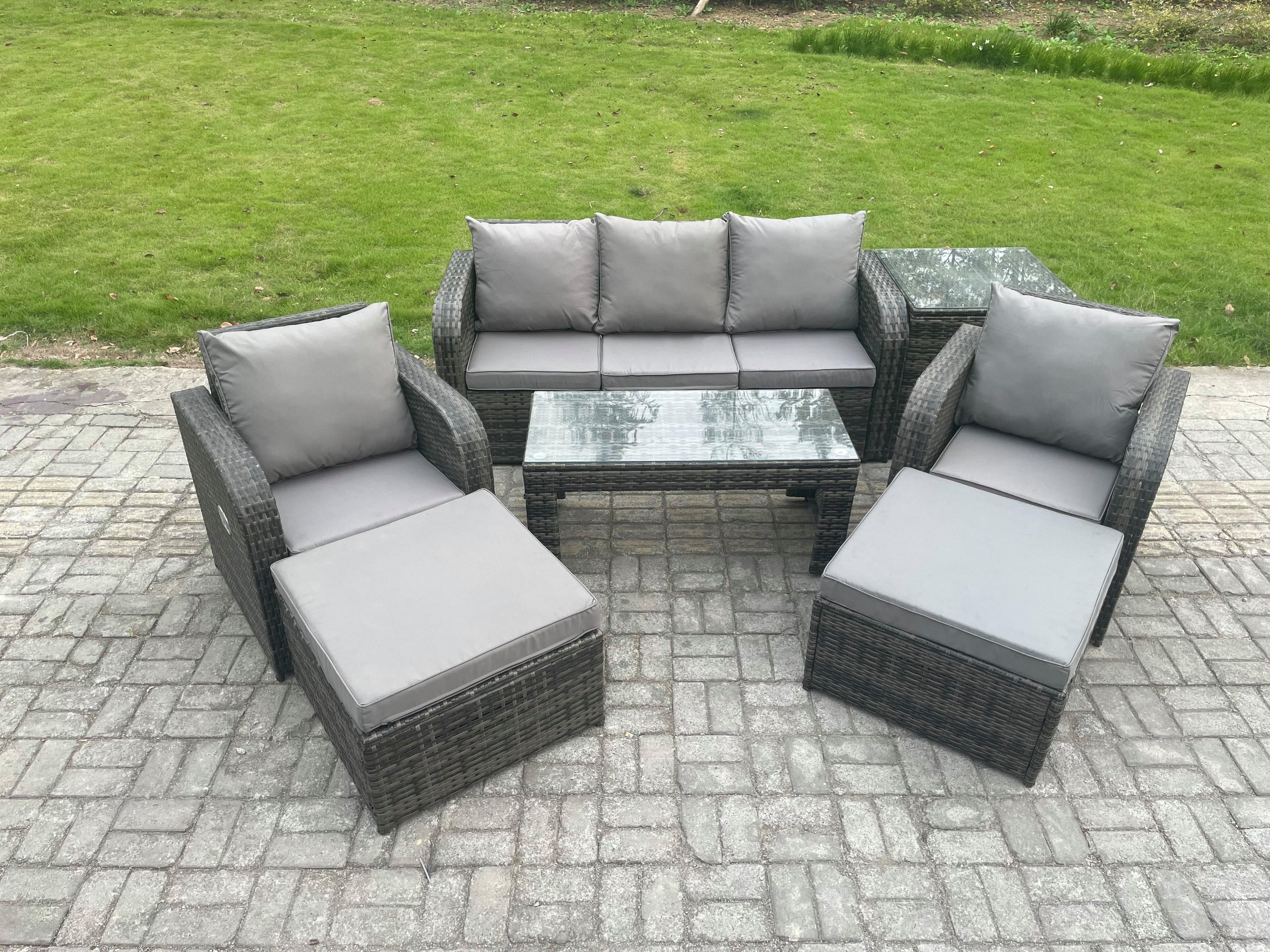 Rattan Garden Furniture Set Rectangular Coffee Table Side Table 2 Big Footstool 7 Seater Patio Outdoor Lounge Sofa Set