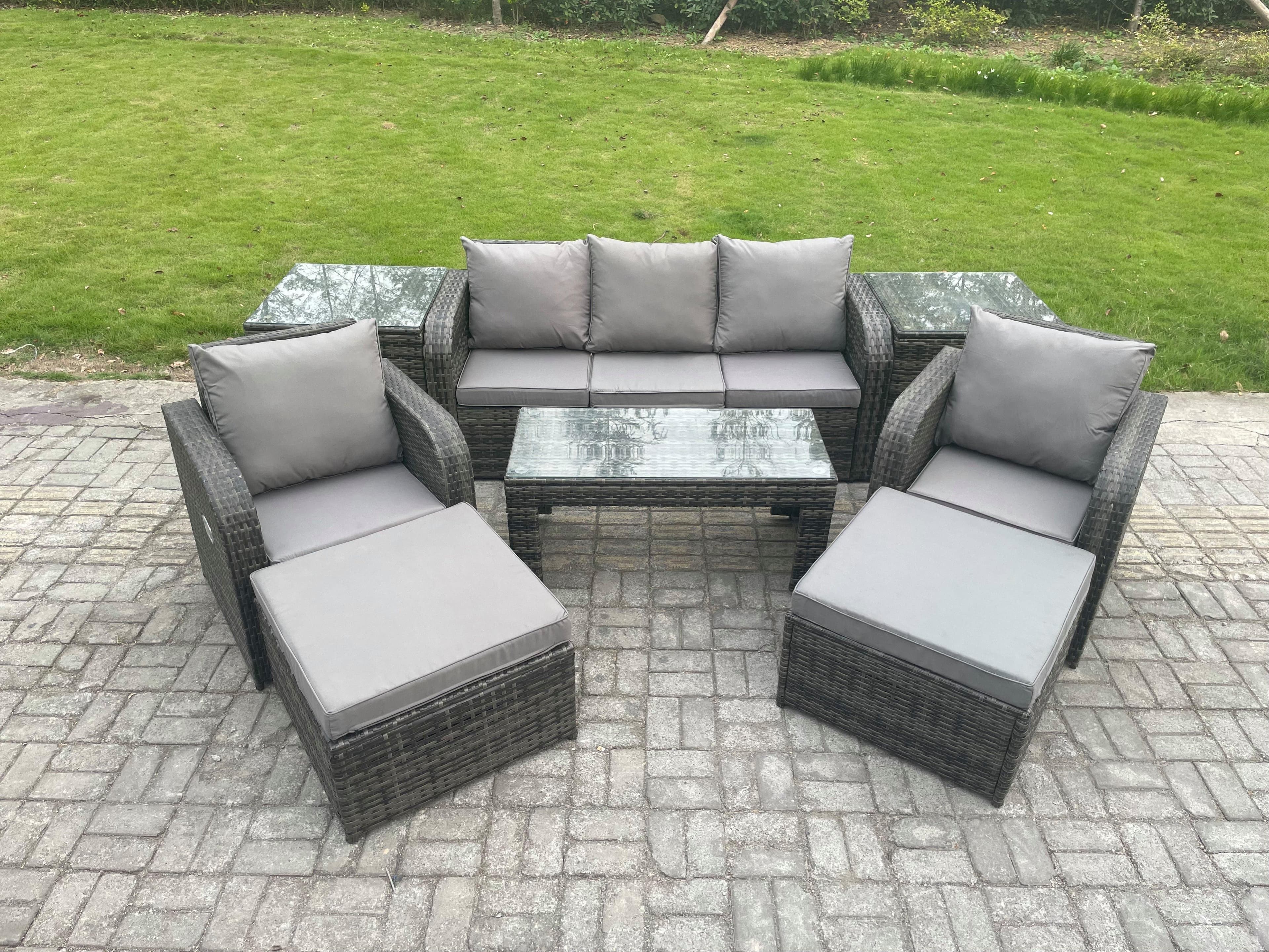 Rattan Garden Furniture Set Rectangular Coffee Table 2 Side Tables 2 Big Footstool 7 Seater Patio Outdoor Lounge Sofa Set