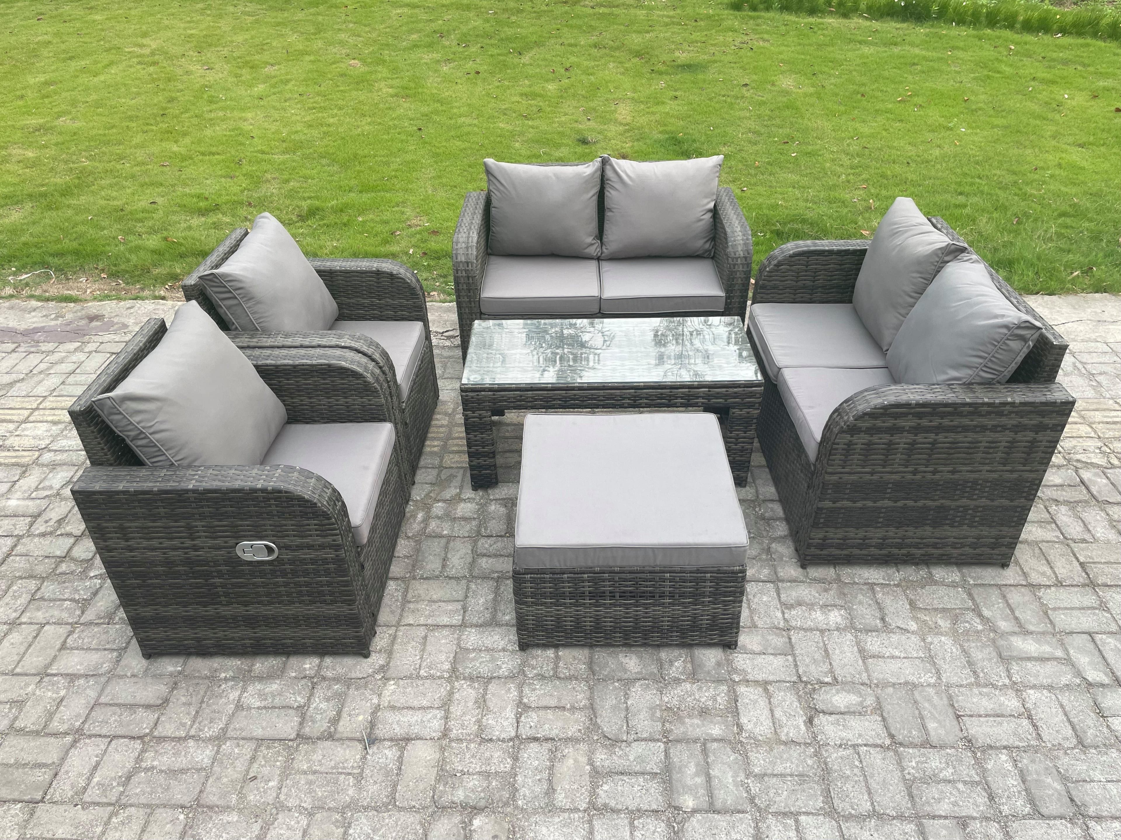 Rattan Garden Furniture Set Rectangular Coffee Table Big Footstool 7 Seater Patio Outdoor Lounge Sofa Set
