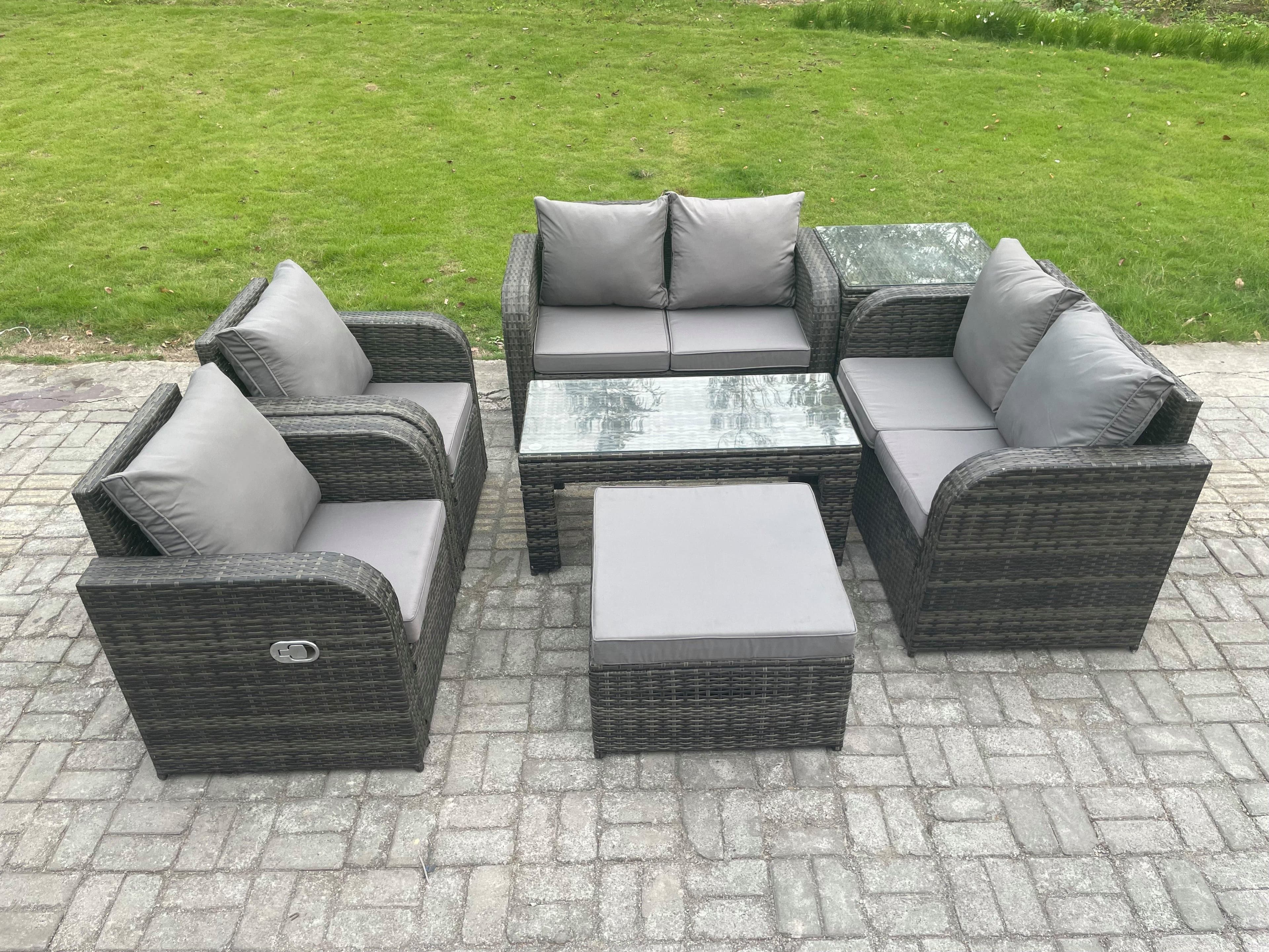 Rattan Garden Furniture Set Rectangular Coffee Table Side Table Big Footstool 7 Seater Patio Outdoor Lounge Sofa Set