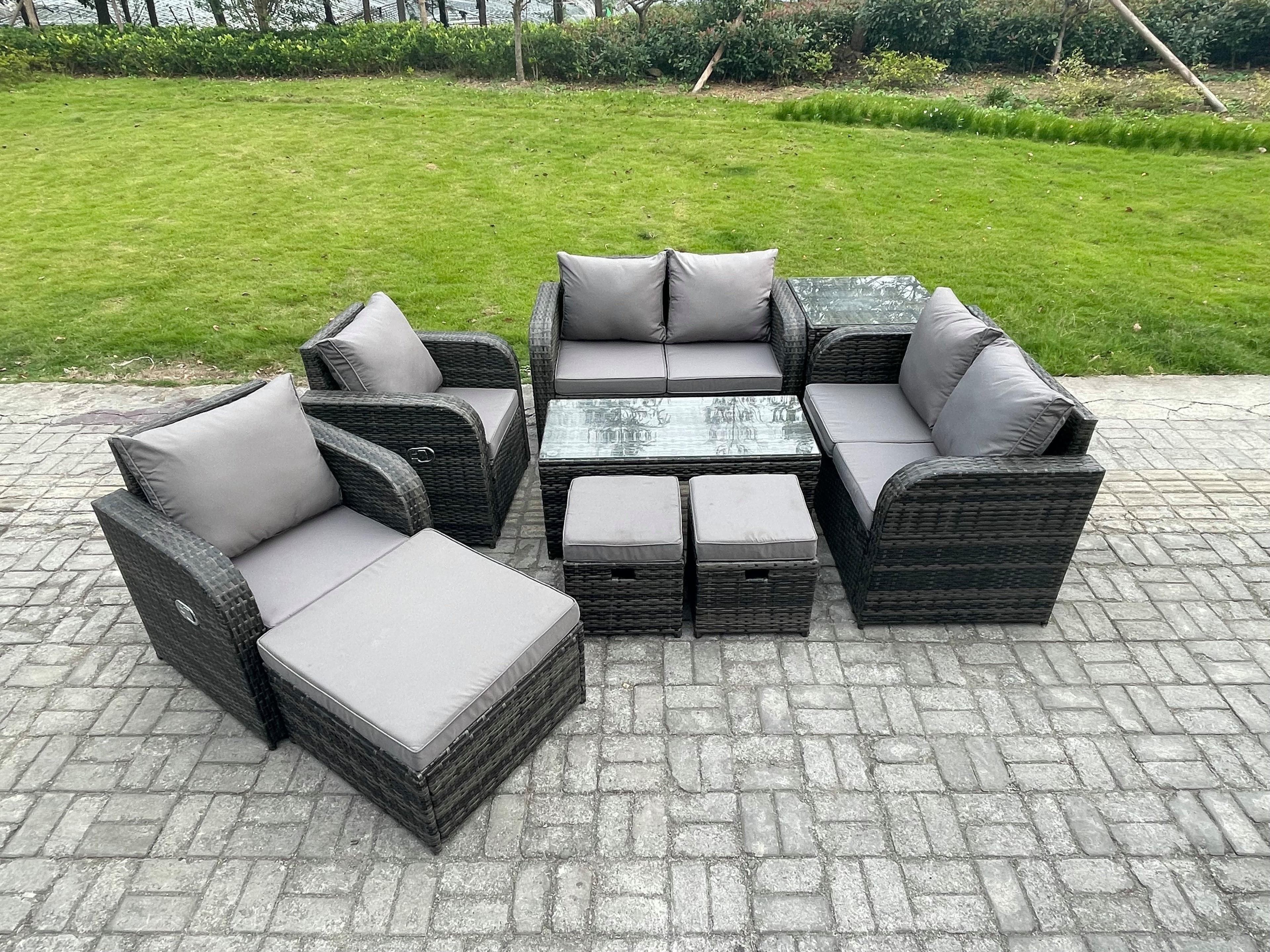 9 Seater Rattan Garden Furniture Set Outdoor Patio Sofa Table Chairs Coffee Table 3 Footstools Ideal Pool Side Balcony Outdoor Set