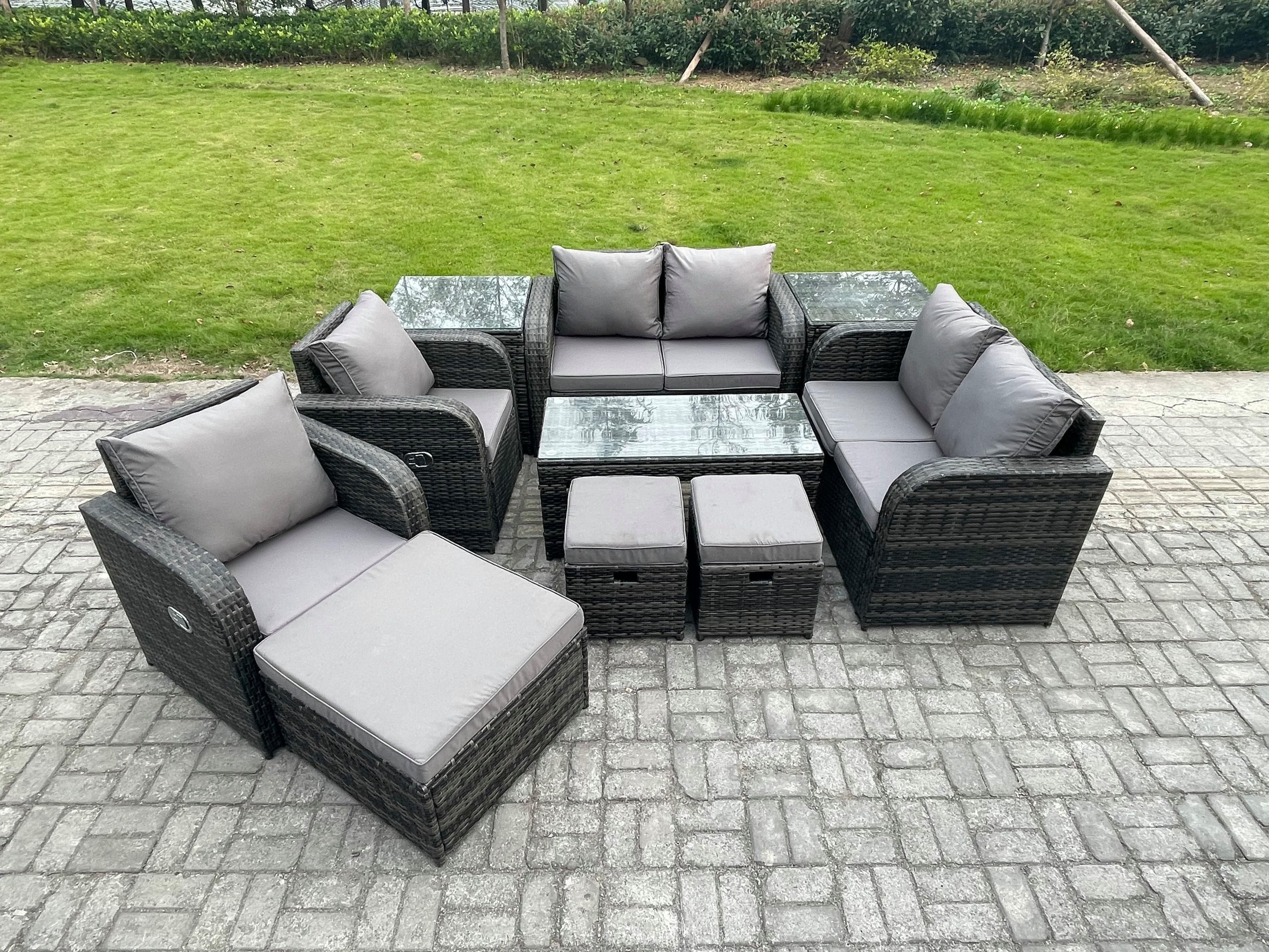 10 PCS Rattan Garden Furniture Set Outdoor Patio Sofa Table Chairs Coffee Table 3 Footstools Ideal Pool Side Balcony Outdoor Set